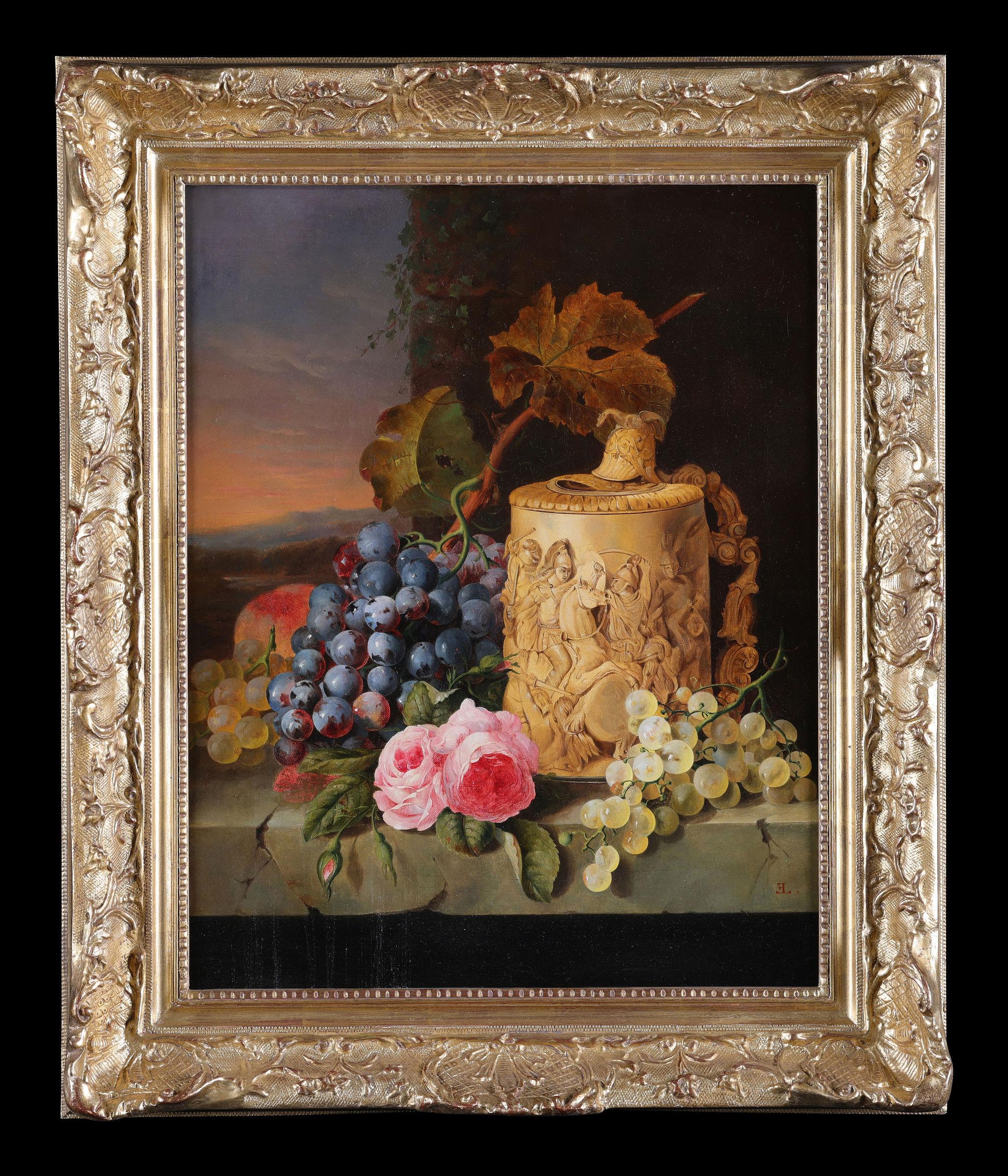Nature morte de roses, de raisins et d'un vase en ivoire, peinture à l'huile ancienne