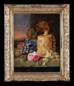 A Still Life of Roses, grapes and an Ivory Vase
