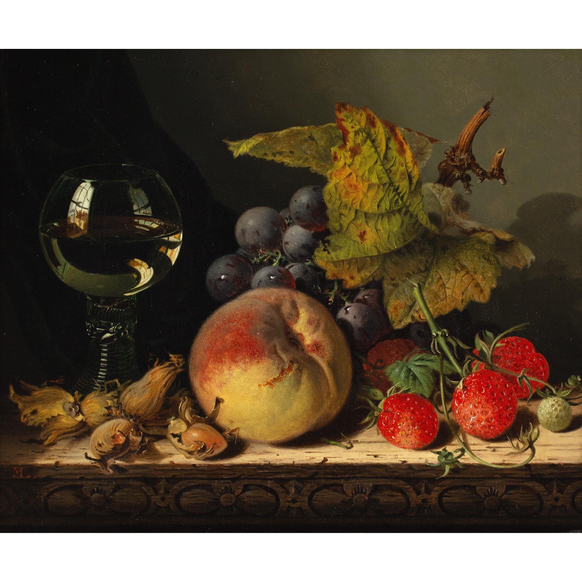 Edward Ladell, Nussbaum, A Roemer, Himbeeren, Pfirsich, Schwarze Trauben und ein Blatt 1