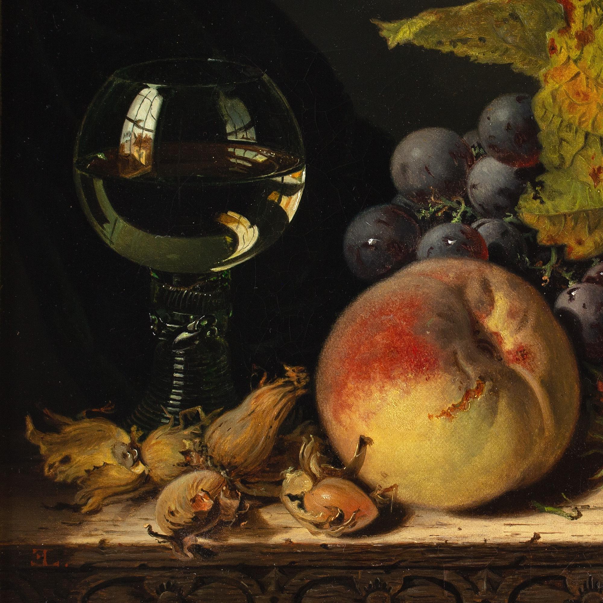 Edward Ladell, Nussbaum, A Roemer, Himbeeren, Pfirsich, Schwarze Trauben und ein Blatt 7