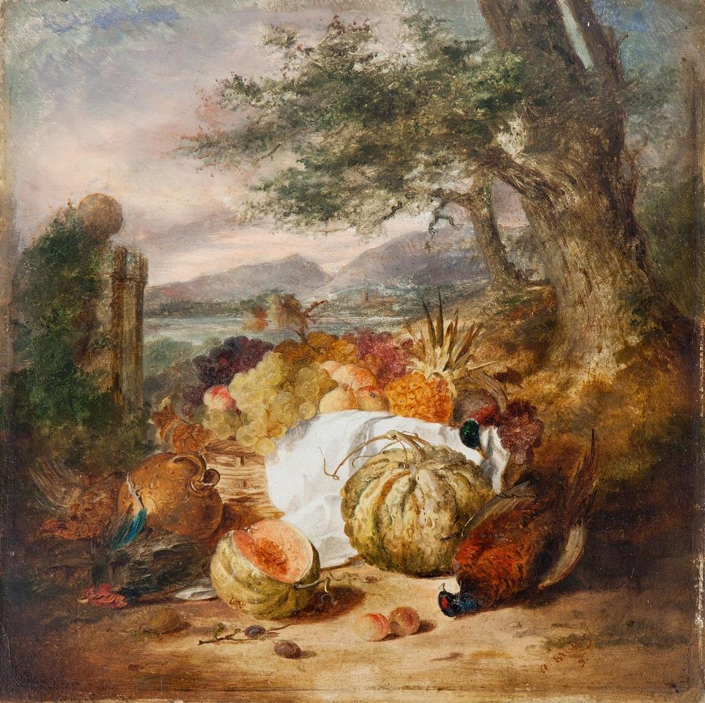 Nature morte est une superbe peinture à l'huile originale sur panneau, réalisée vers 1870 par l'artiste britannique  Edward Ladell (1821-1886), le plus connu des artistes anglais de natures mortes.

L'œuvre représente des fruits, des légumes et des