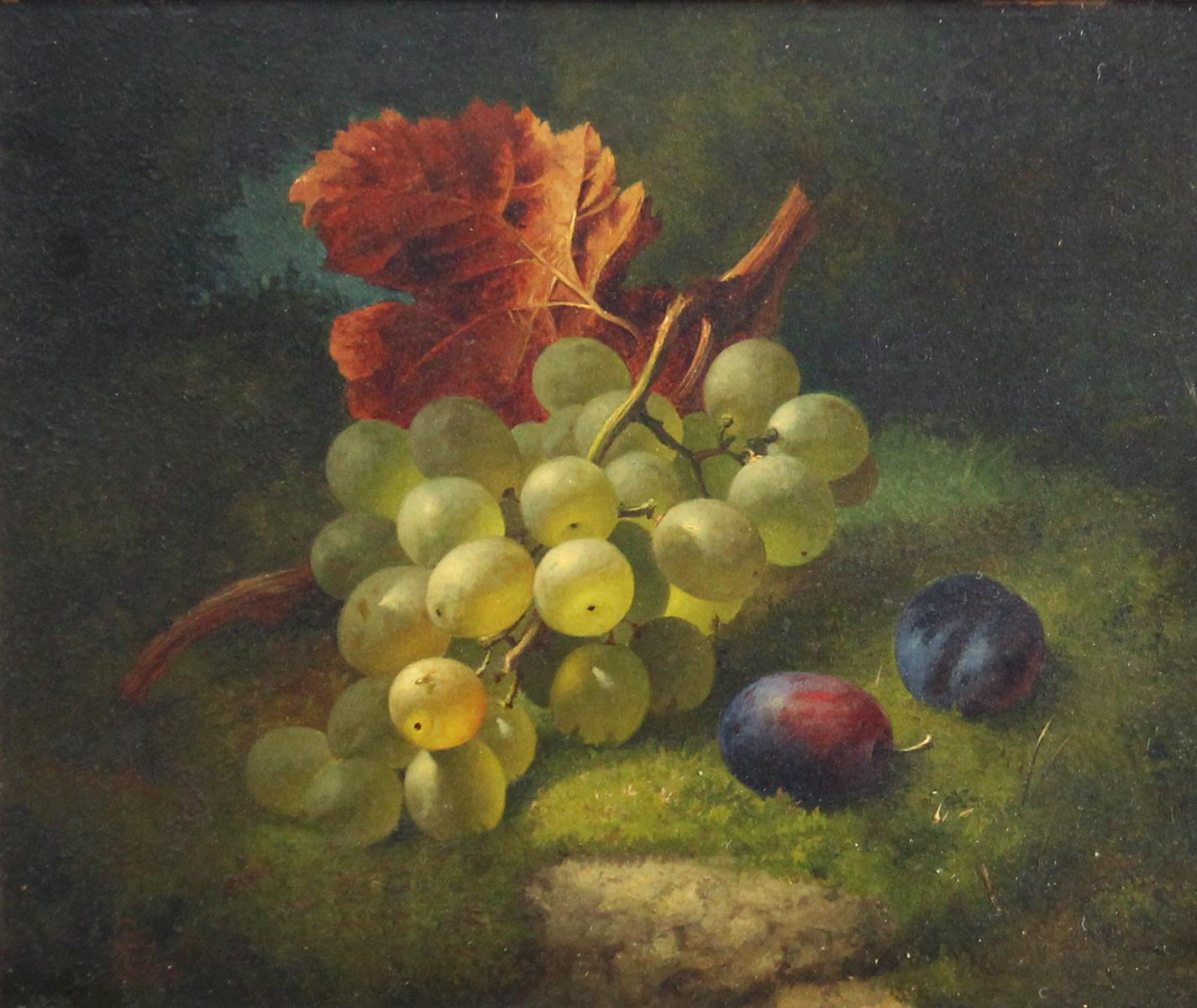 Nature morte aux raisins et aux prunes, huile sur carton, 1866, Art réaliste - Painting de Edward Ladell