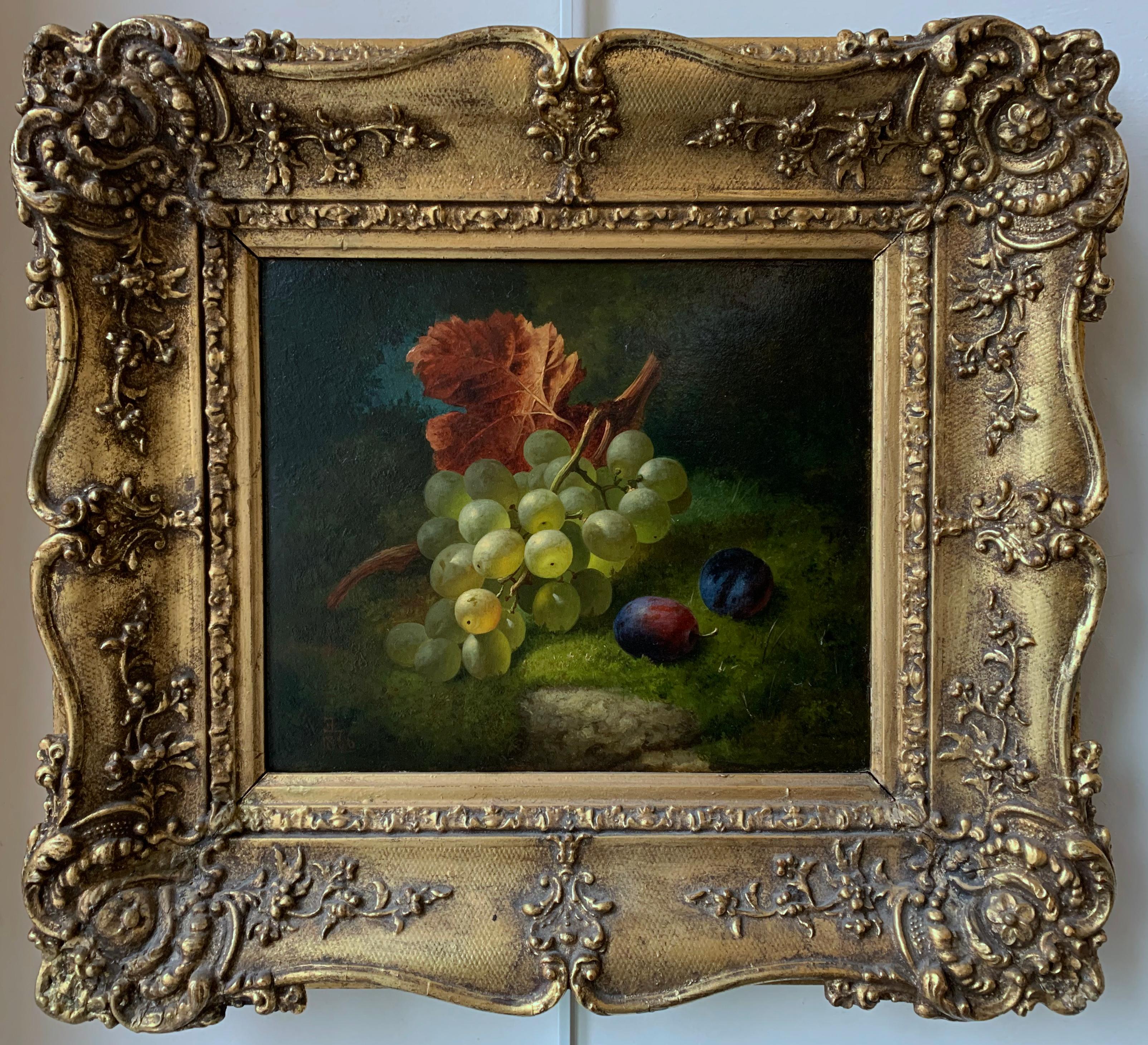 Still-Life Painting Edward Ladell - Nature morte aux raisins et aux prunes, huile sur carton, 1866, Art réaliste