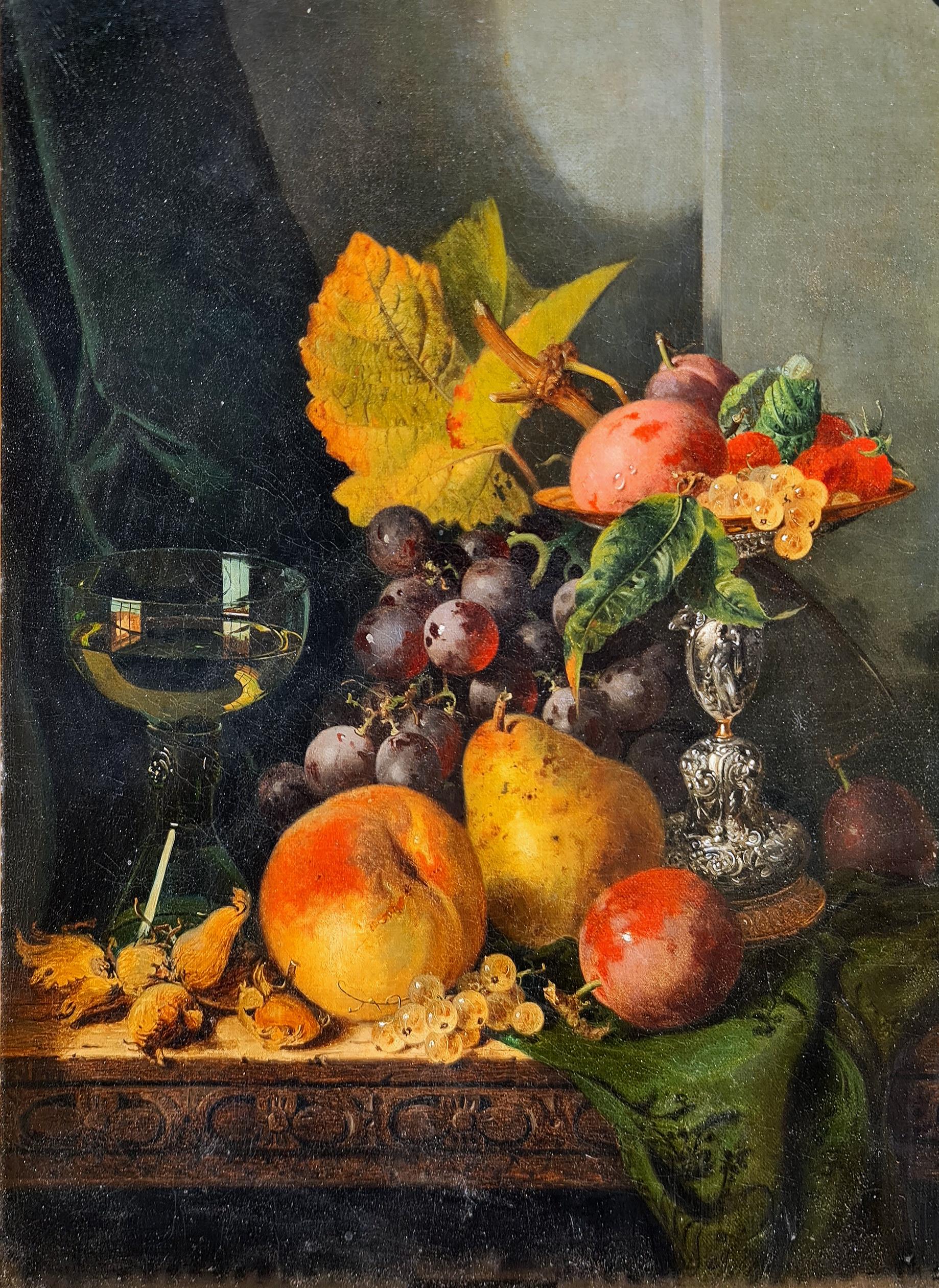 Still life with Silver Tazza, Glass Roemer and Fruit - Painting by Edward Ladell