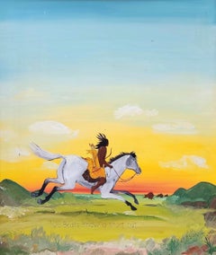 Two Bears Knew A Short Cut, American Folk Art, Native American on Horse, Indian