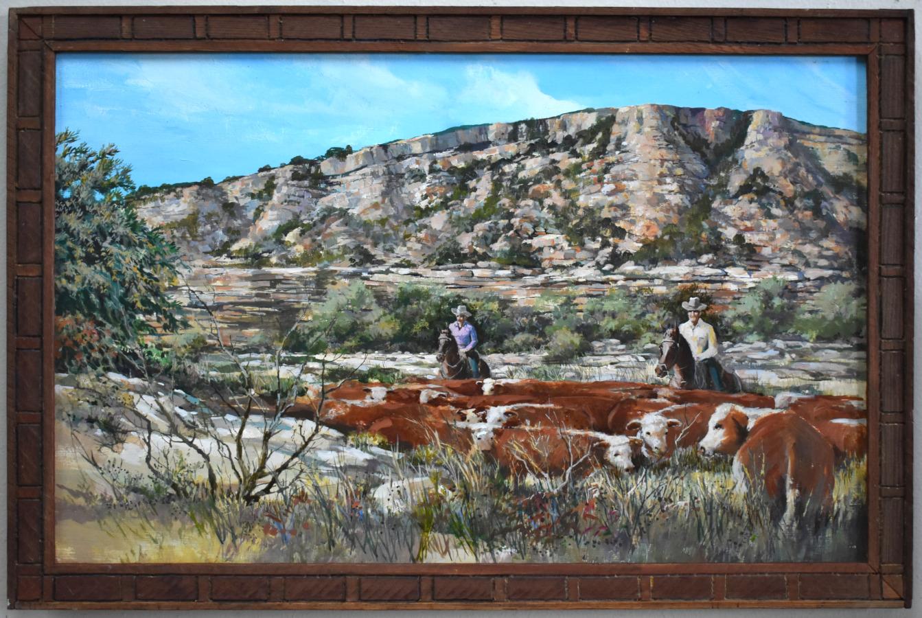 Edward Lee Reichert Landscape Painting - "HEREFORD TIME" CATTLE AND COWBOYS
