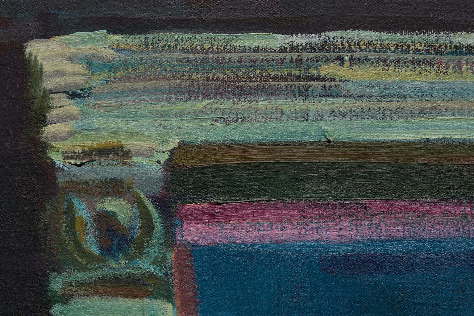 This painting by Edward Levine depicts the windows and a roof of a home somewhere in his home city of Detroit. The windows are open, possibly because of the weather or possibly because this home has become abandoned, urban blight and the banality of