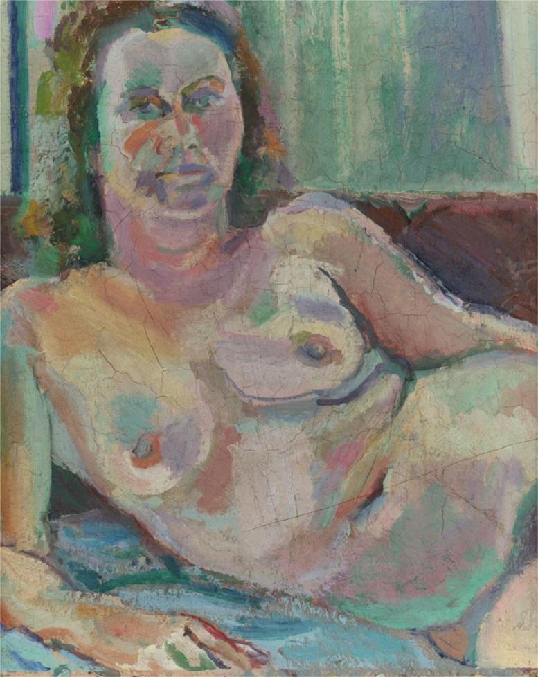 Full of Frauvristic qualities, pastel oils have been applied in a rich painterly manner to depict an expressive study of a nude woman. The artwork has chips to the corners, revealing thick layers of previous paintings, showing a glimpse of the