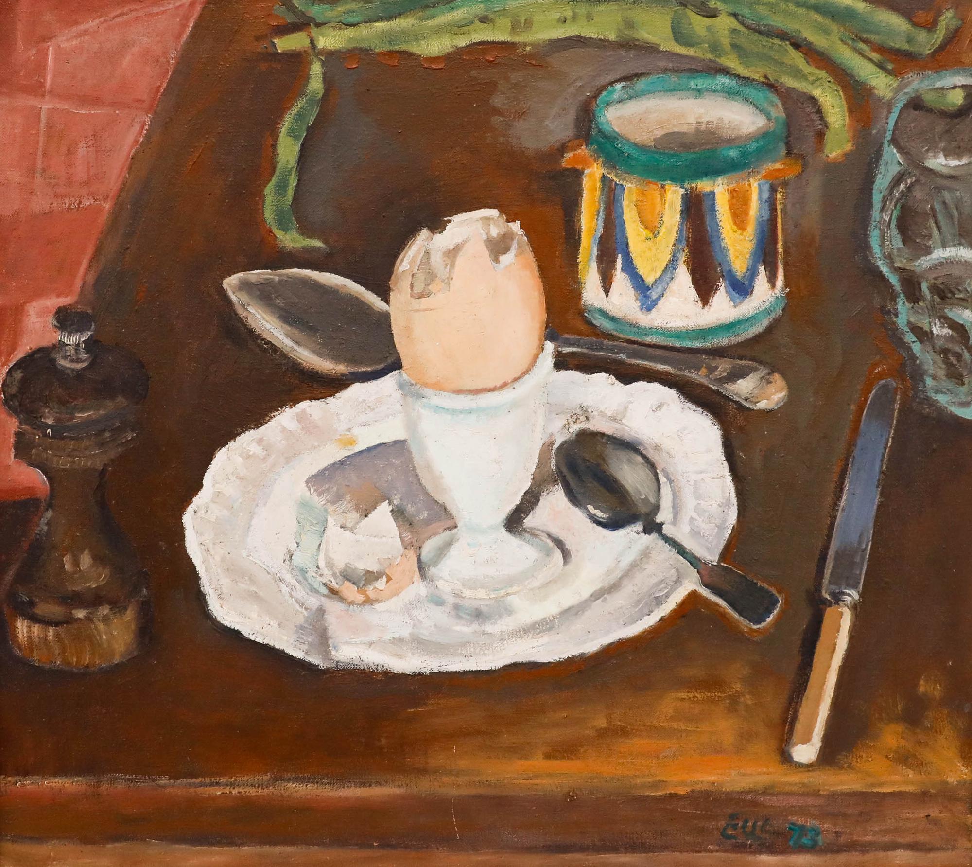 Edward Lewis (1936-2018) - Olio del XX secolo incorniciato, Uovo sodo e fagioli di bosco in vendita 1
