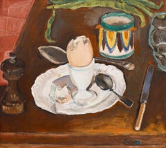 Edward Lewis (1936-2018) - Olio del XX secolo incorniciato, Uovo sodo e fagioli di bosco