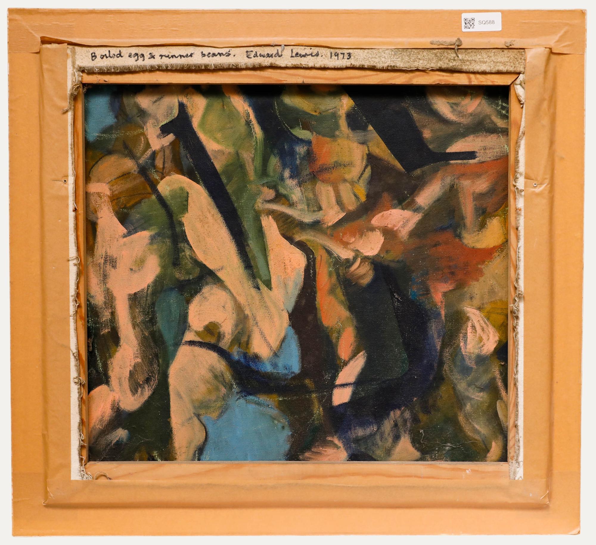 Edward Lewis (1936-2018) - Olio del XX secolo incorniciato, Uovo sodo e fagioli di bosco in vendita 2