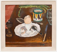 Edward Lewis (1936-2018) - Olio del XX secolo incorniciato, Uovo sodo e fagioli di bosco