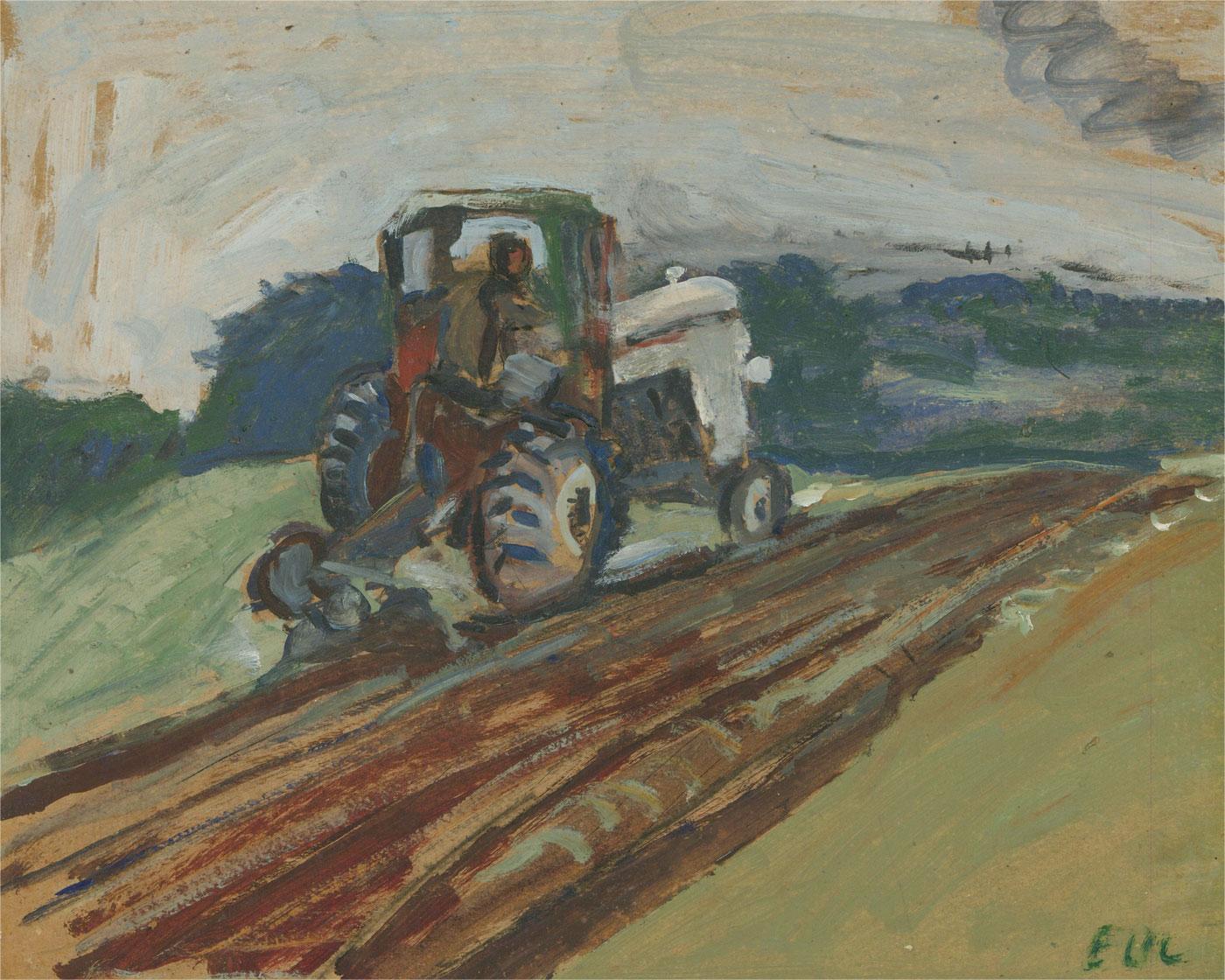 Deep lines of umber mud lead the eye through this peaceful impressionistic study of a tractor ploughing a field. Lewis's direct style of paint application allows the painting to exhale an atmosphere of honesty, transporting the viewer to the muddy
