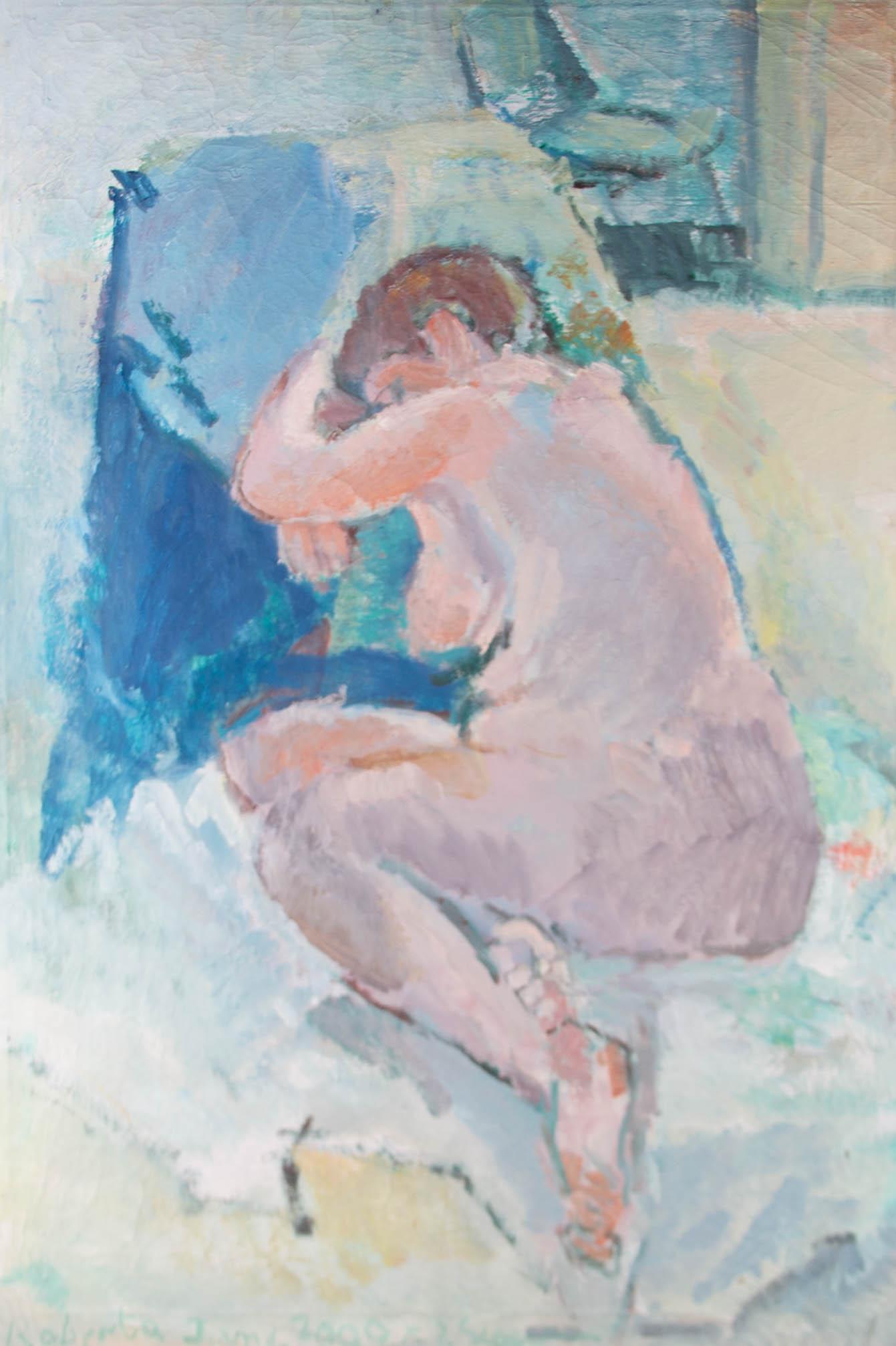Lewis is known for using techniques that capture a multitude of painterly qualities, and this standout painting exemplifies these traits. Pale blue washes are coupled with stiff brush marks, capturing a brilliantly expressive portrayal of a sleeping