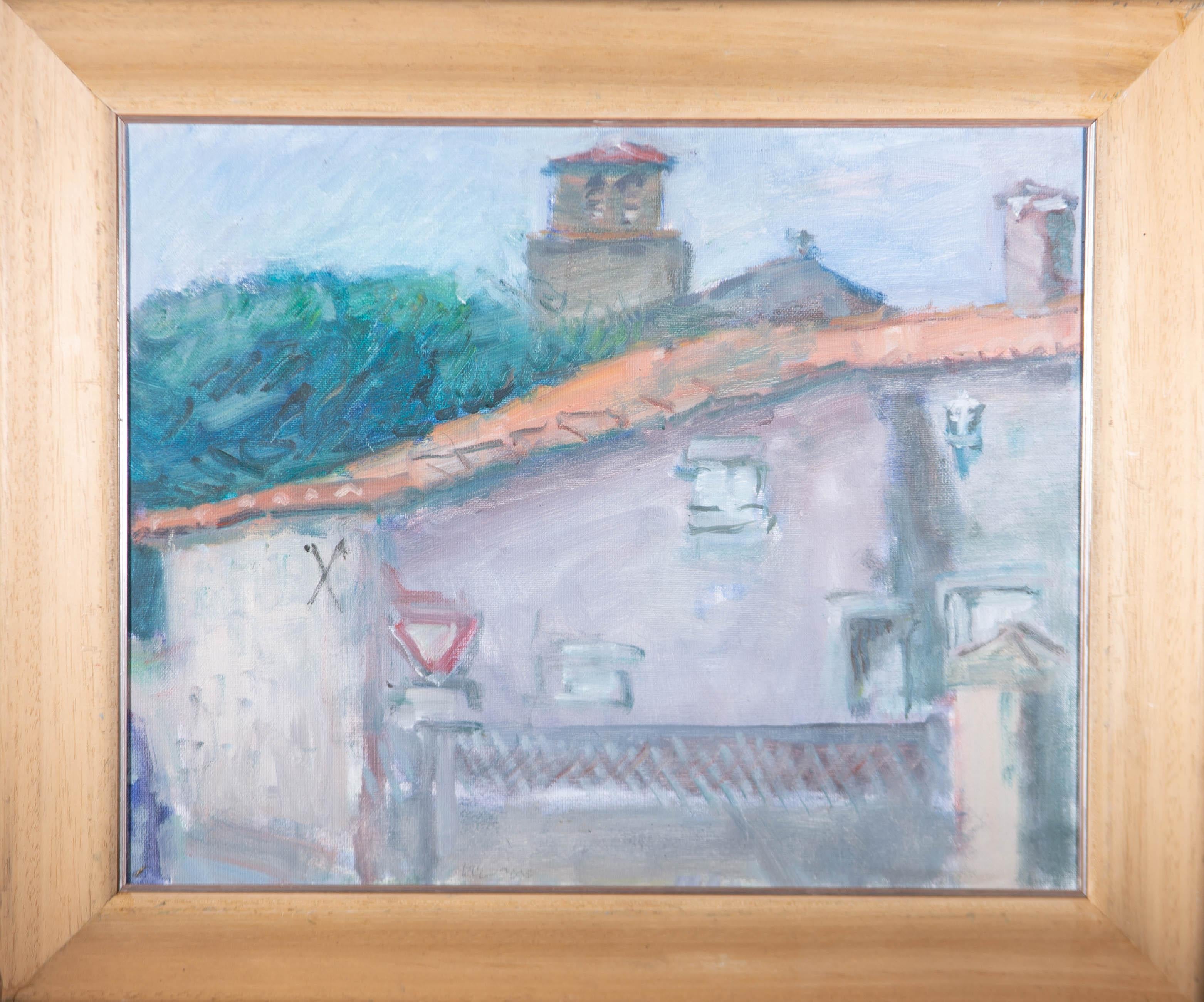 Oils are used in an impressionistic manner to depict a fine study of Azay, France. The artwork is well presented in a wood frame with a gilded inner window. Signed and inscribed on the reverse. On canvas on stretchers.
