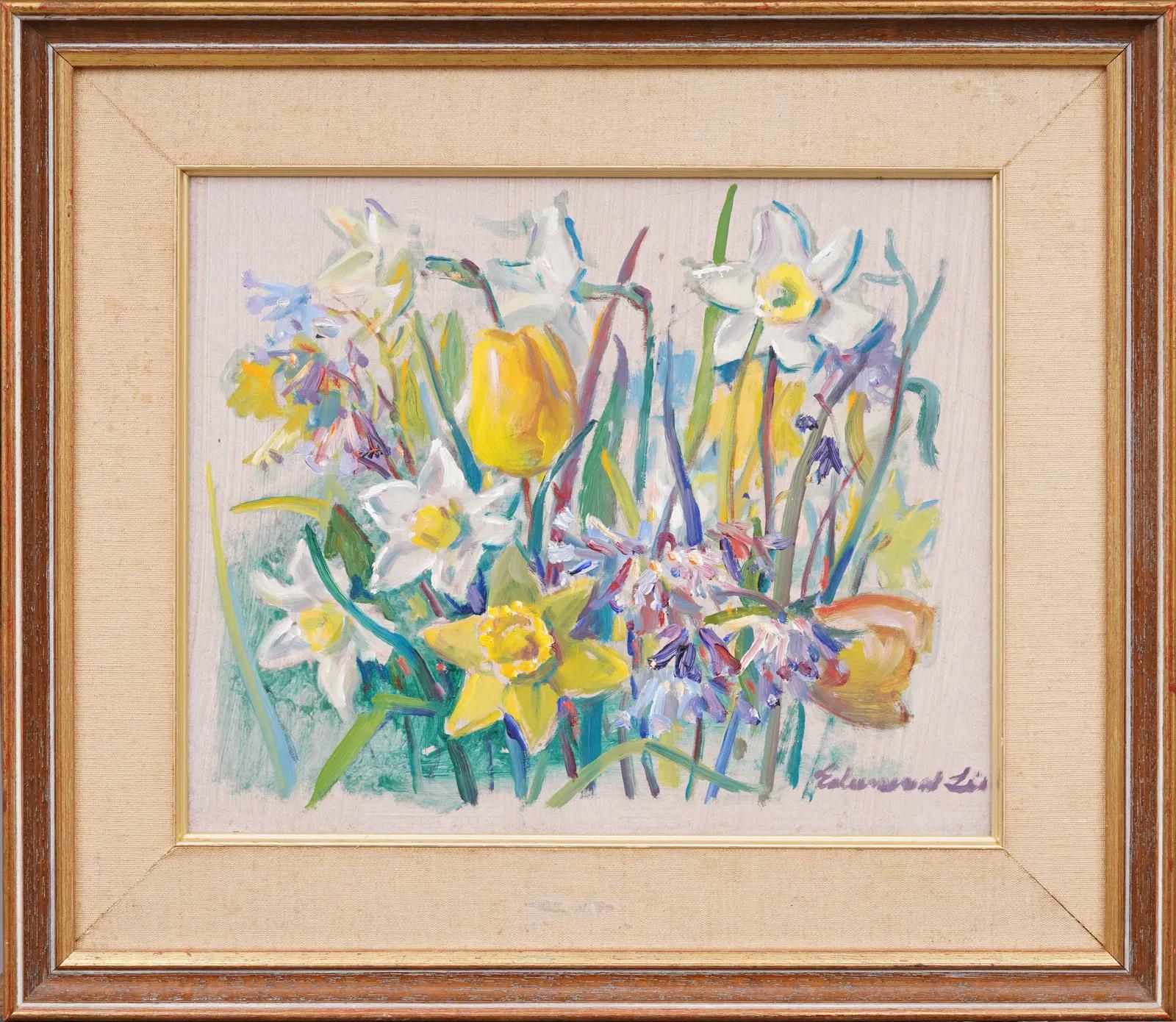 Antique Polish American Impressionist Flower Still Life Framed Oil Painting - Beige Still-Life Painting by Edward Lis