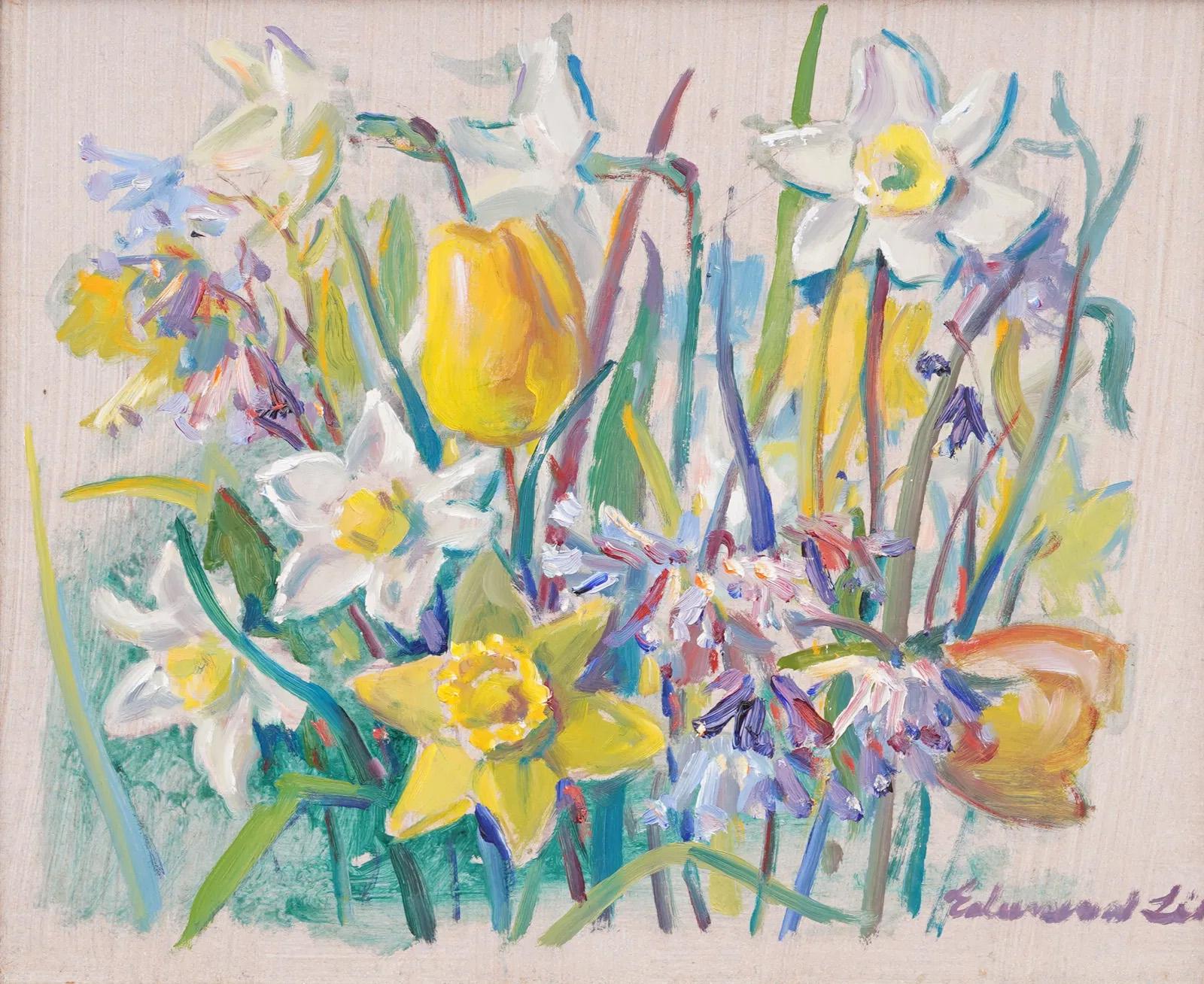 Antique Polish American impressionist flower still life oil painting by Edward Lis (1915 - 2011). Oil on board. Signed. Framed.  Image size, 15H x 17L.