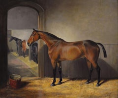 19th Century sporting horse portrait oil painting of a bay horse in a stable