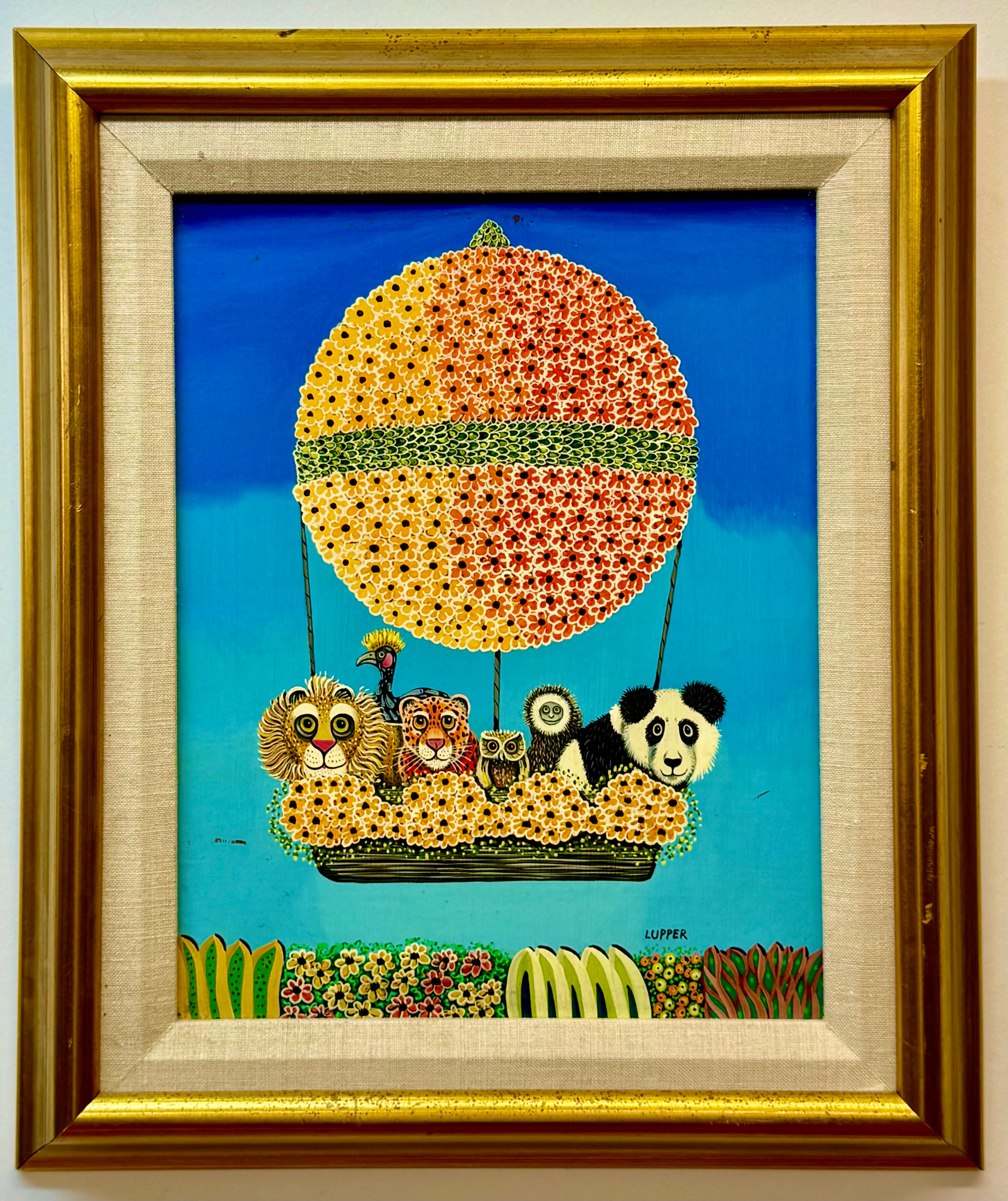 Edward Lupper (1936-2016) whimsical illustration, painting of animals in a hot air balloon by listed California artist. 11 x 14 unframed, 16 x 19 framed.