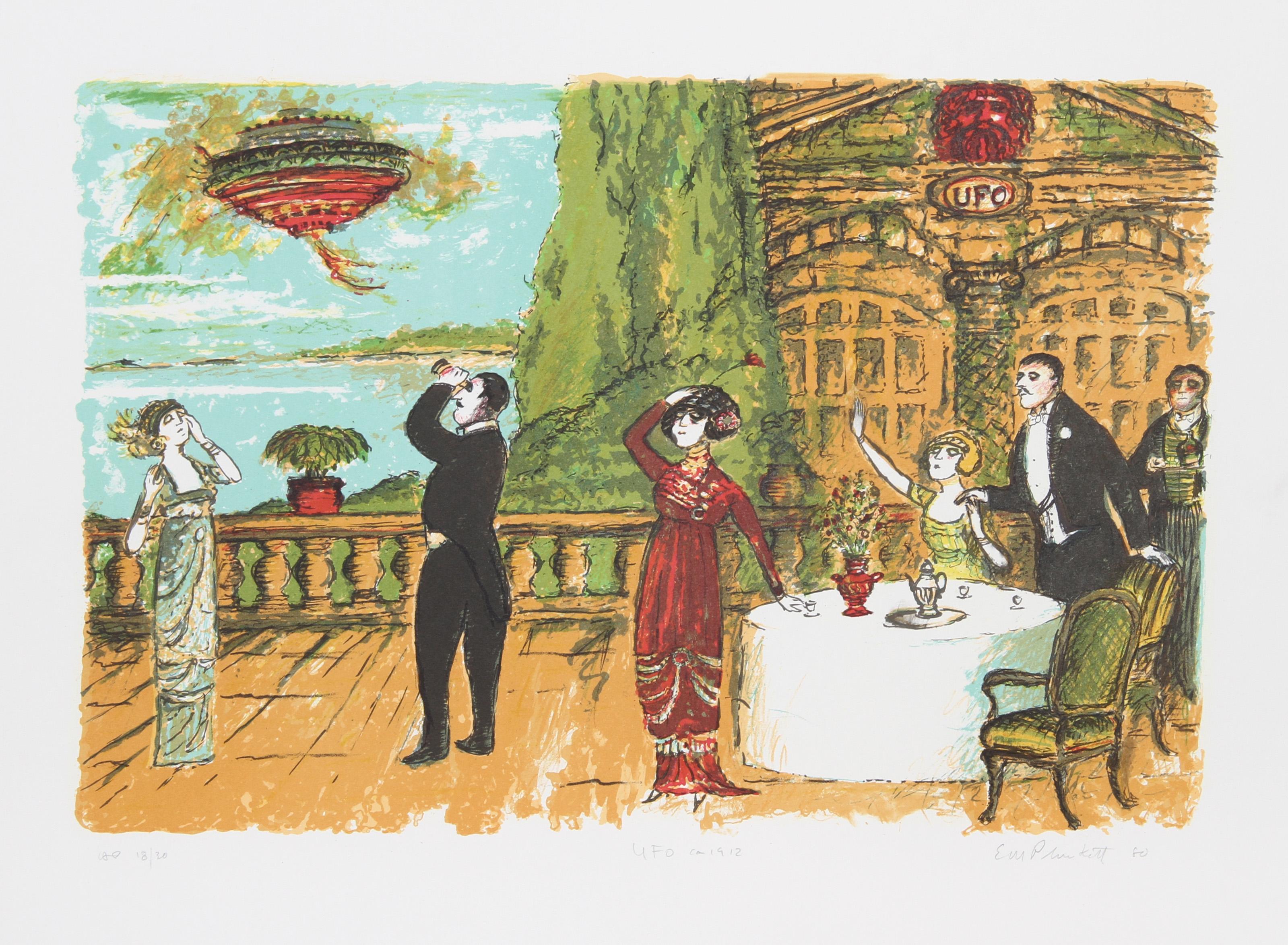 Edward M. Plunkett, American (1922 - 201?) - UFO CA 1912 , Year:  1981, Medium:  Lithograph, signed and numbered in pencil, Edition:  300, AP 30, Image Size:  13 x 20 inches, Size:  18.5 in. x 24 in. (46.99 cm x 60.96 cm)