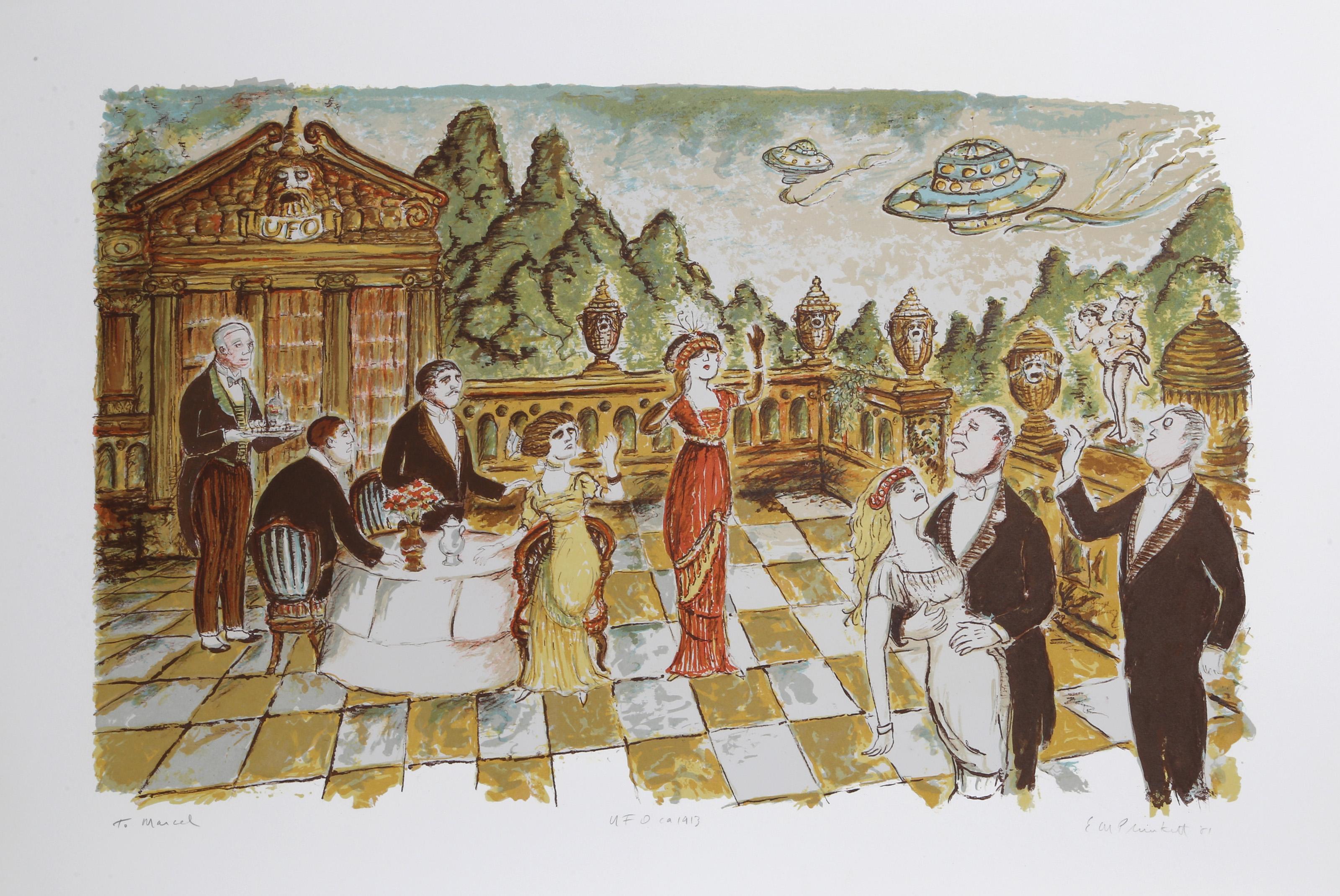 UFO ca. 1913, Folk Art Lithograph by Edward M. Plunkett