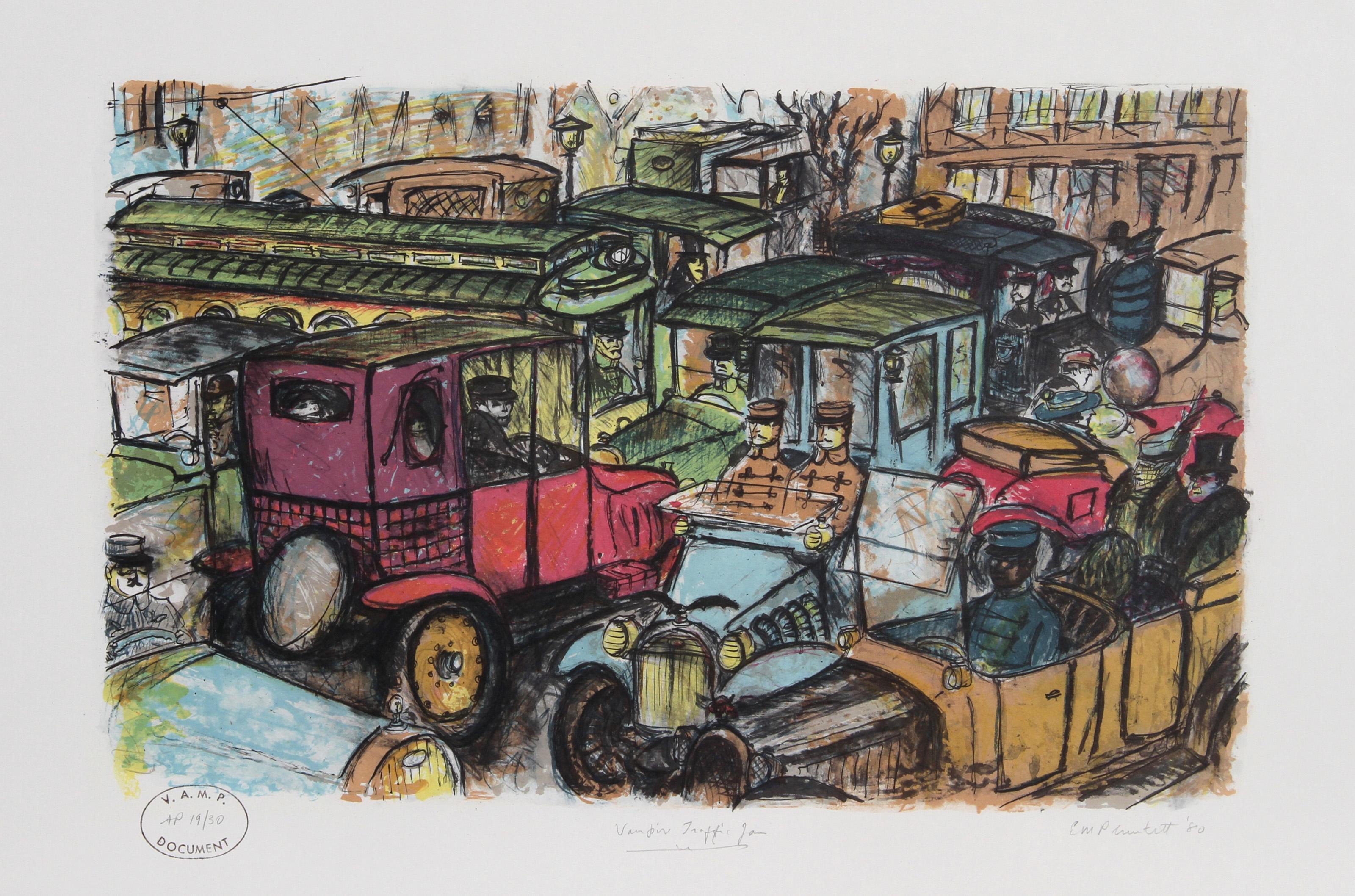 Edward M. Plunkett, American (1922 - 201?) - Vampire Traffic Jam, Year:  circa 1980, Medium:  Lithograph, signed and numbered in pencil, Edition:  AP 30, Image Size:  13 x 21 inches, Size:  19 in. x 26 in. (48.26 cm x 66.04 cm)