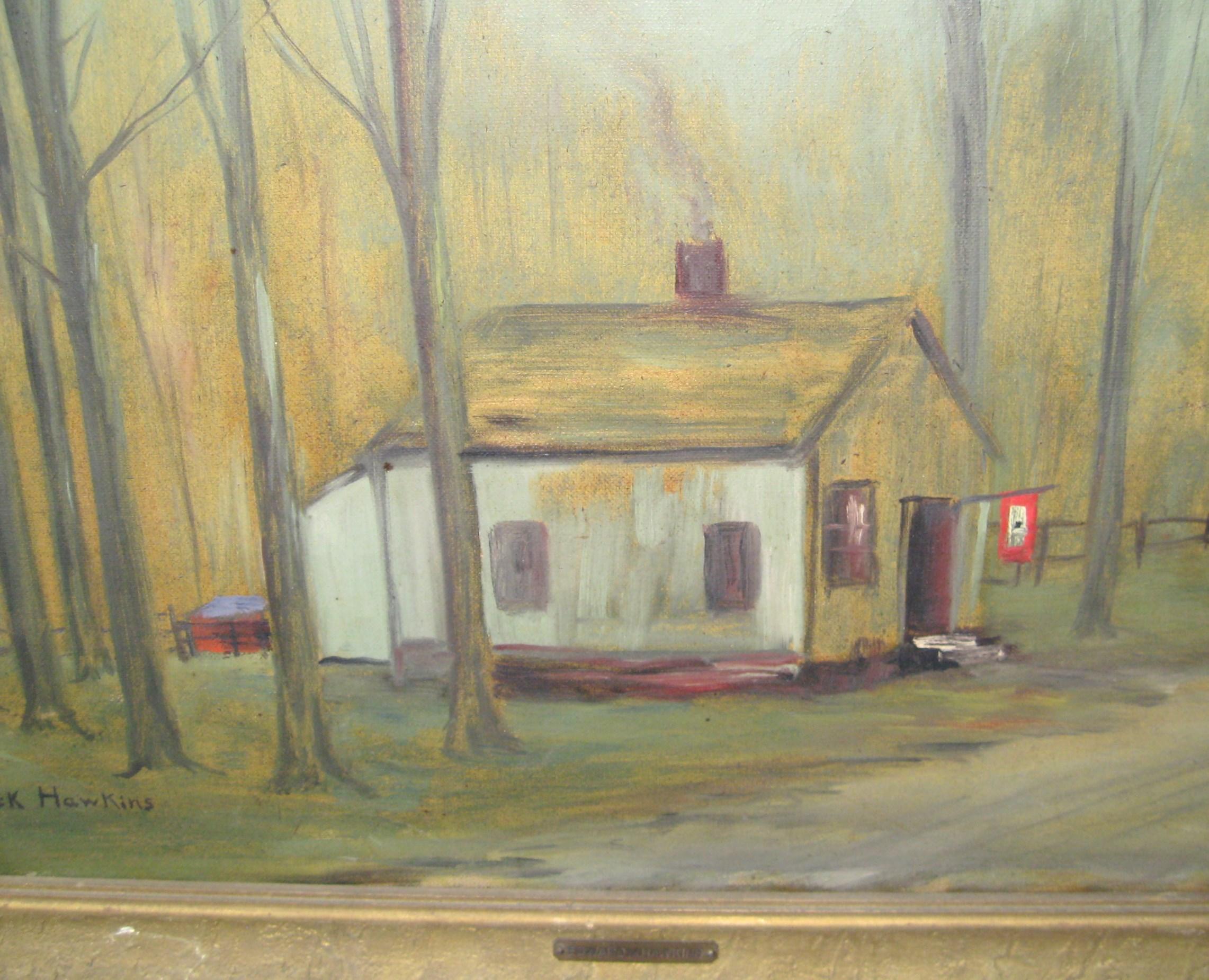 The painting is quaint, as written on the back Edward Mack Hawkins the artist was motoring from NYC to Upstate during the World War, Near Windset on a country road he saw this meager little home bravely flaunting our flag with a single service star.