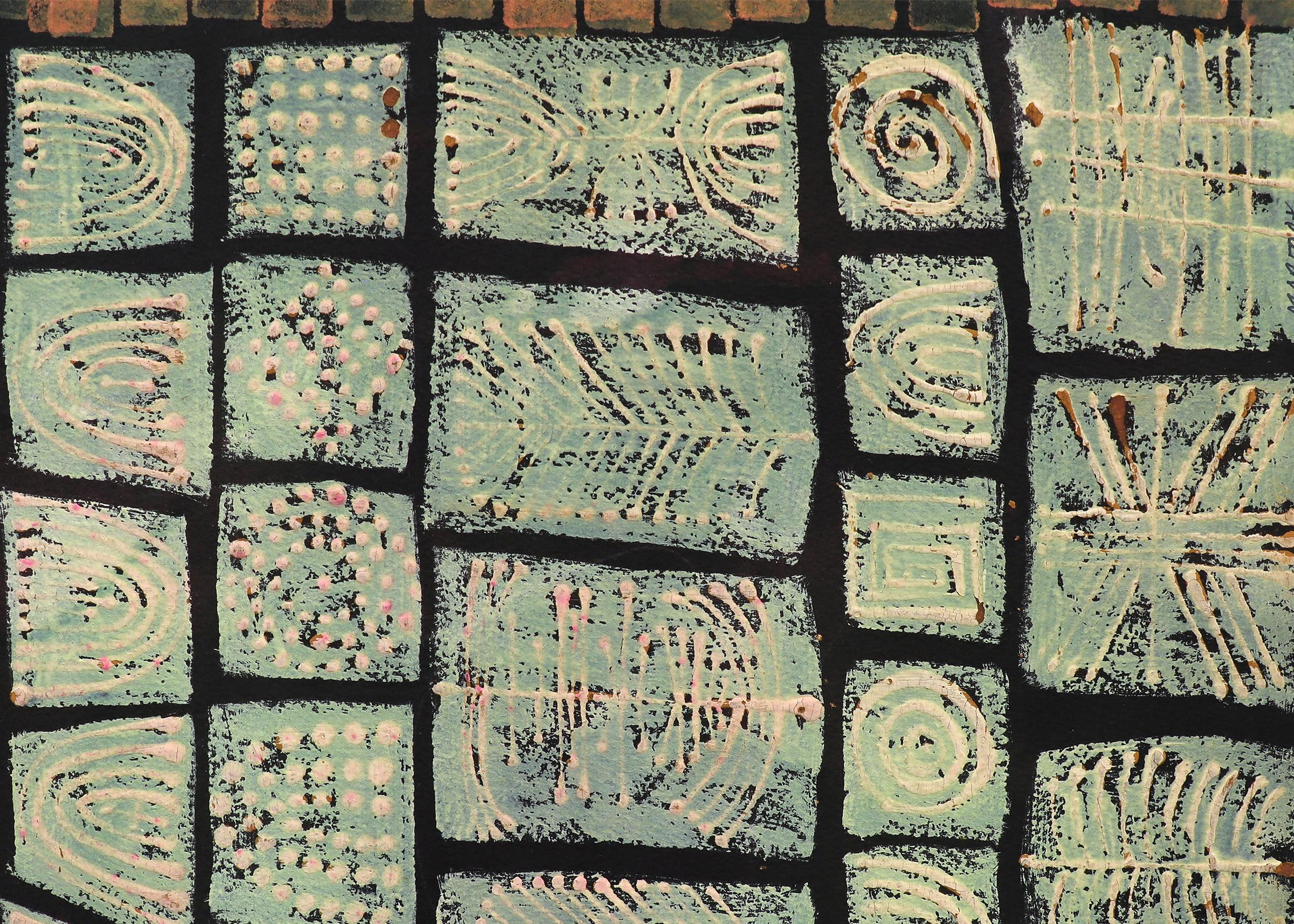 Cette œuvre d'art abstraite à l'encre et à l'acrylique sur papier, intitulée Mystic Writing, a été créée par le célèbre artiste de Denver Edward Marecak (1919-1993). Avec ses symboles mystiques entourés de rectangles bleus et verts et d'une bordure