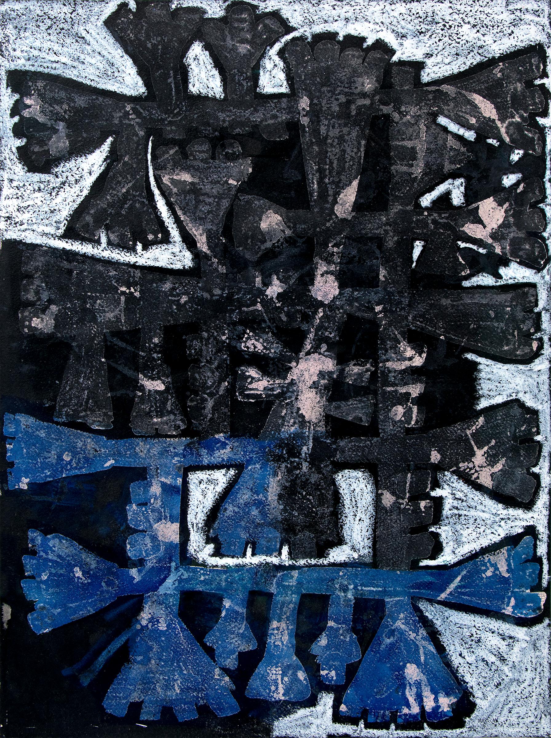 Peinture acrylique abstraite technique mixte sans titre n° 21 des années 1970, formes noires et bleues - Abstrait Mixed Media Art par Edward Marecak