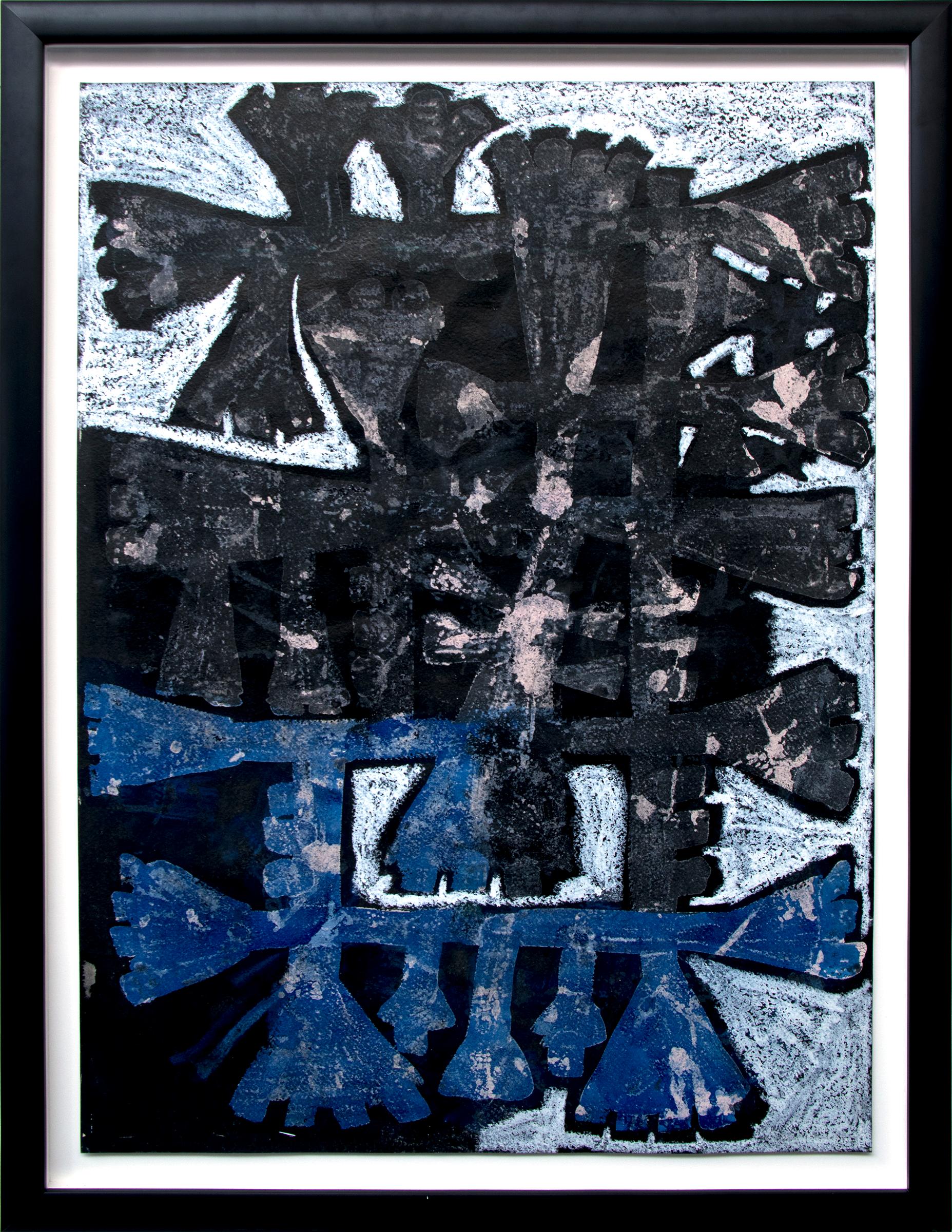 Peinture acrylique abstraite technique mixte sans titre n° 21 des années 1970, formes noires et bleues - Mixed Media Art de Edward Marecak