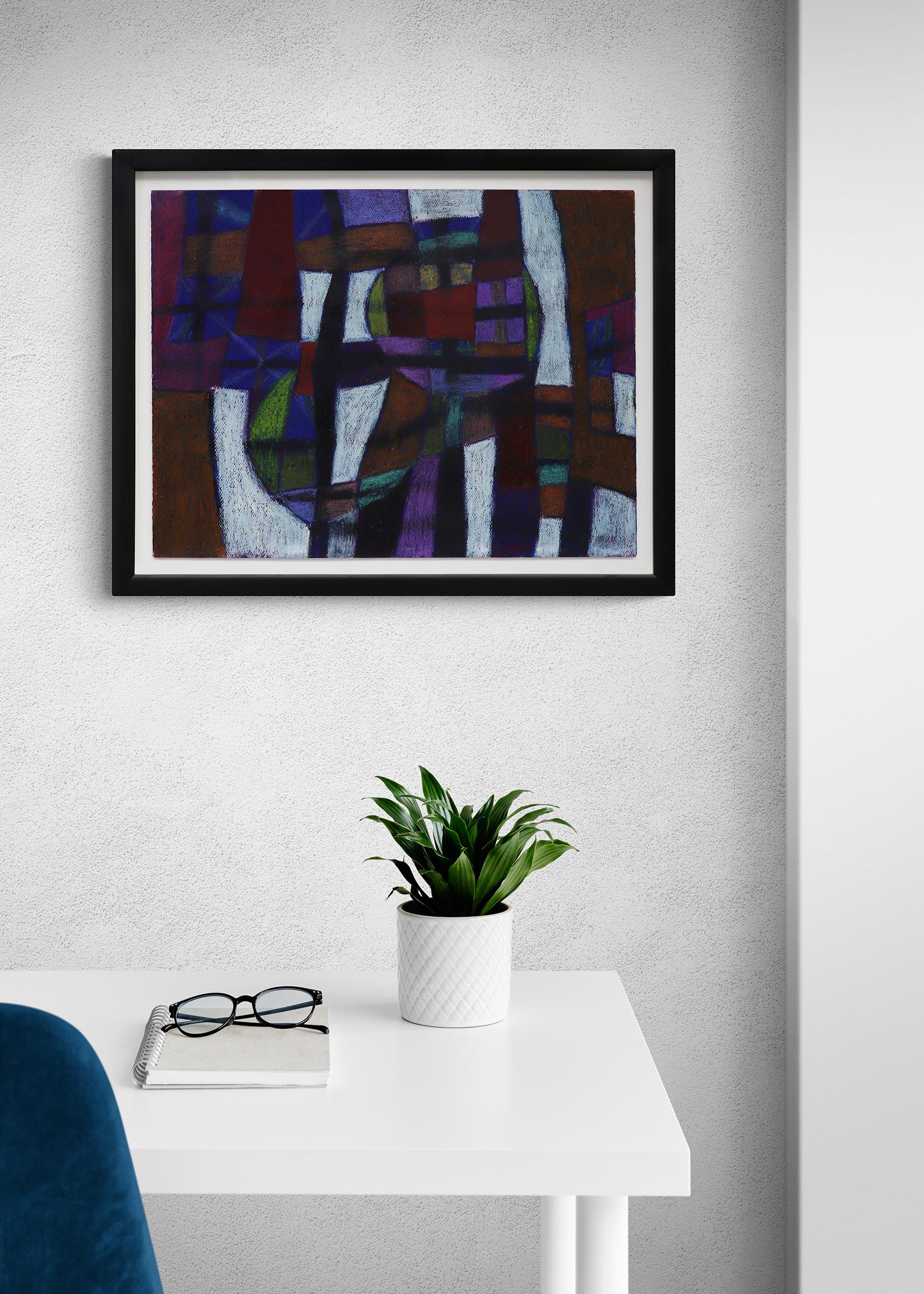 Crayon brossé sur acrylique sur papier d'Edward Marecak (1919-1993) intitulé Untitled #26. Peinture abstraite géométrique dans des couleurs noires, violettes et bleues.  Présenté dans un cadre personnalisé avec tous les matériaux d'archives, les