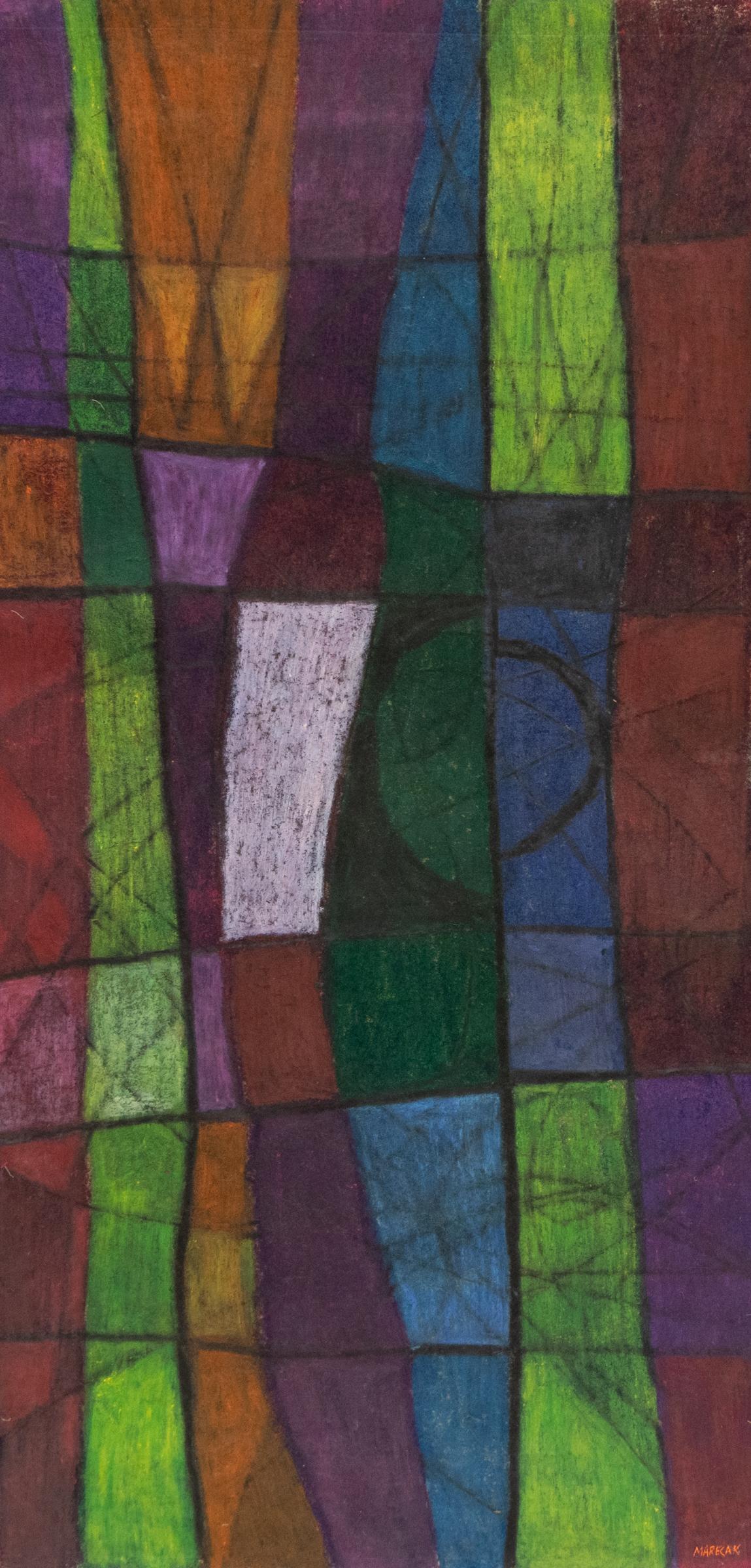 Witches Banner est une peinture abstraite originale du milieu du siècle du célèbre moderniste de Denver Edward Marecak (1919-1993), créée vers les années 1960. Cette œuvre audacieuse et expressionniste présente des couleurs riches et superposées -
