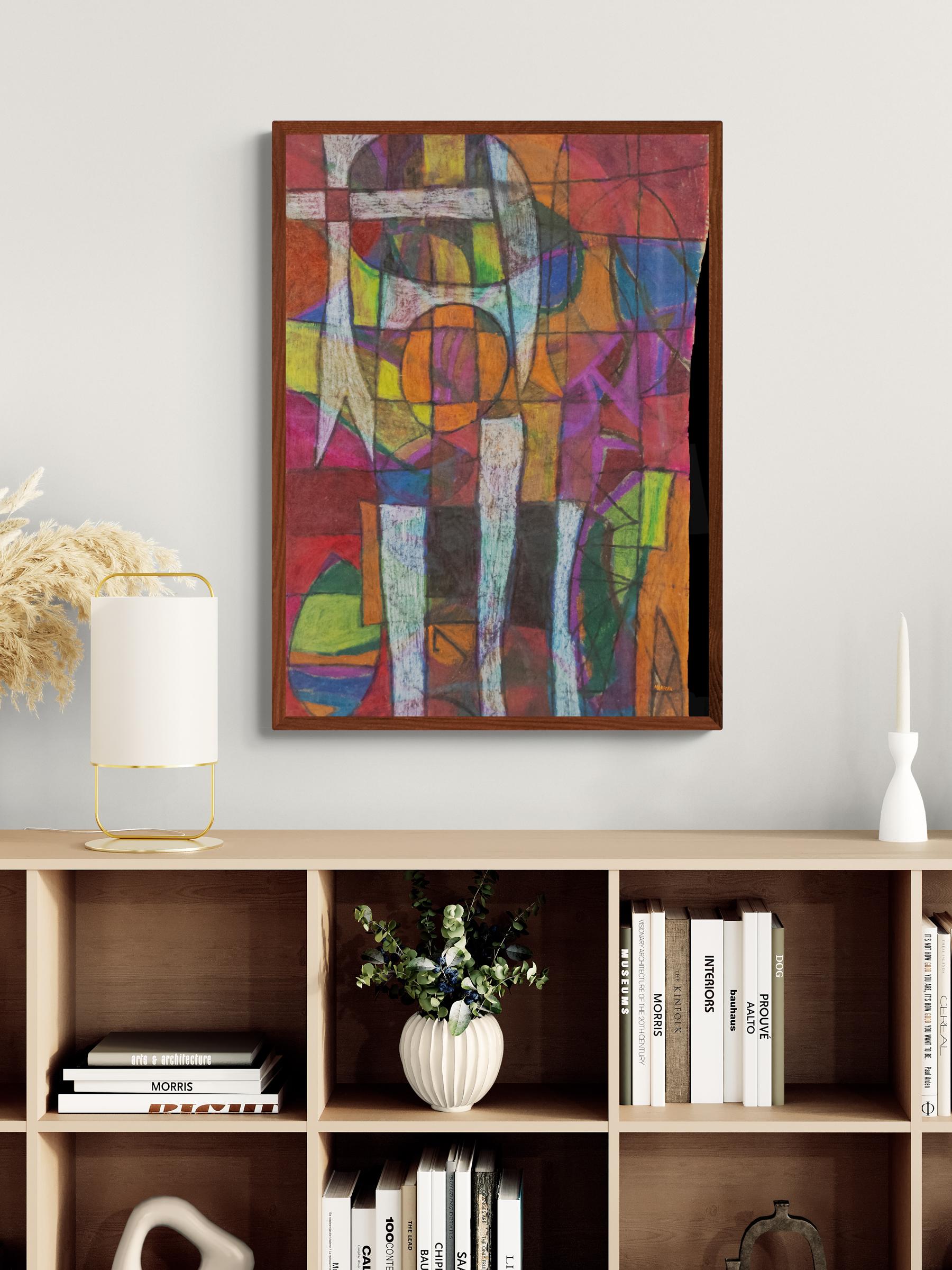 Witches Entrance 1960s Abstract Geometric Composition, Figures in Red Green Blue For Sale 1
