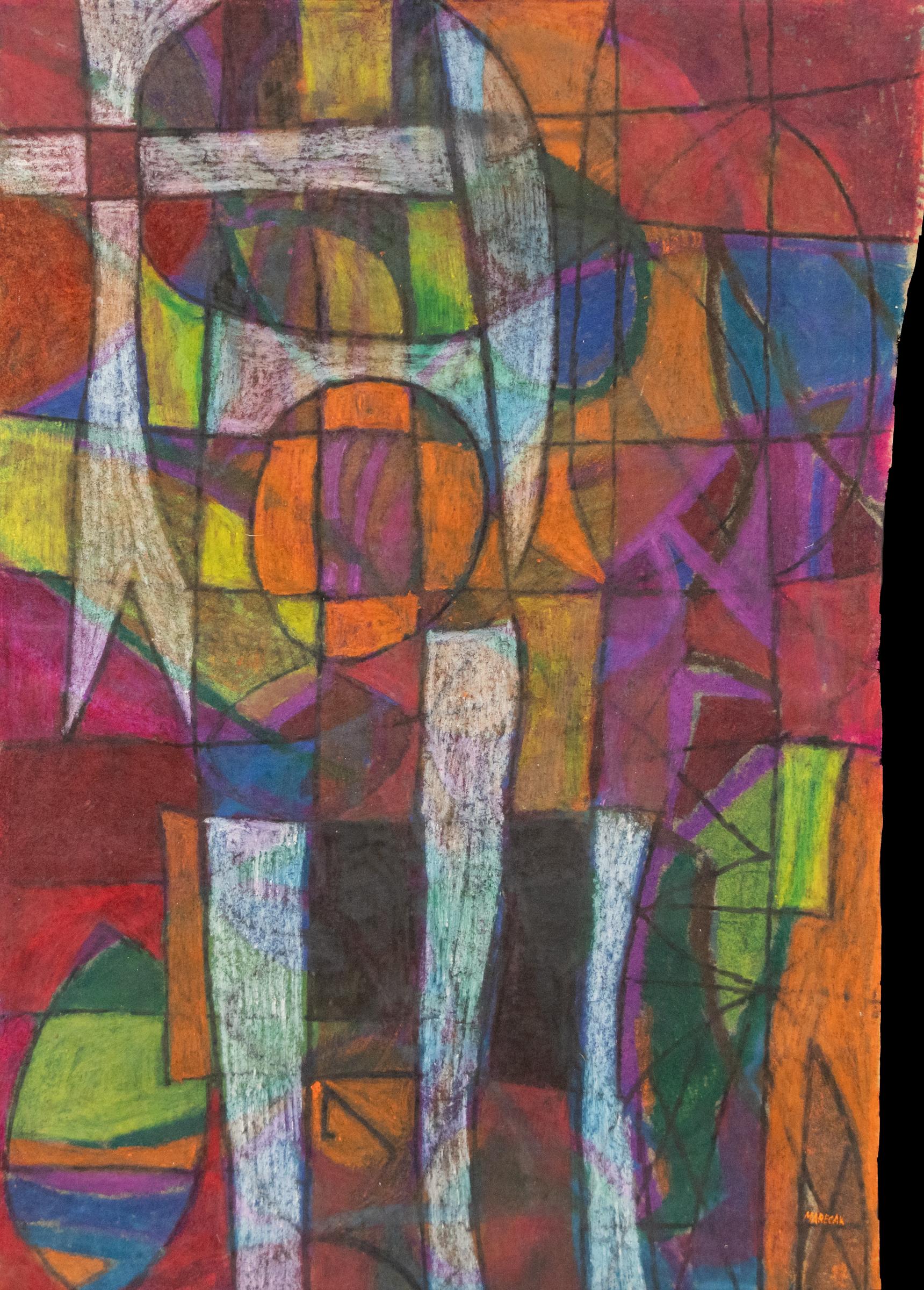 Witches Entrance 1960s Abstract Geometric Composition, Figures in Red Green Blue