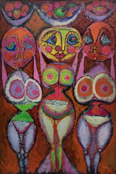 Pintura al óleo abstracta de los años 50, Diosas de la fertilidad, Figuras desnudas, Rosa Azul Verde