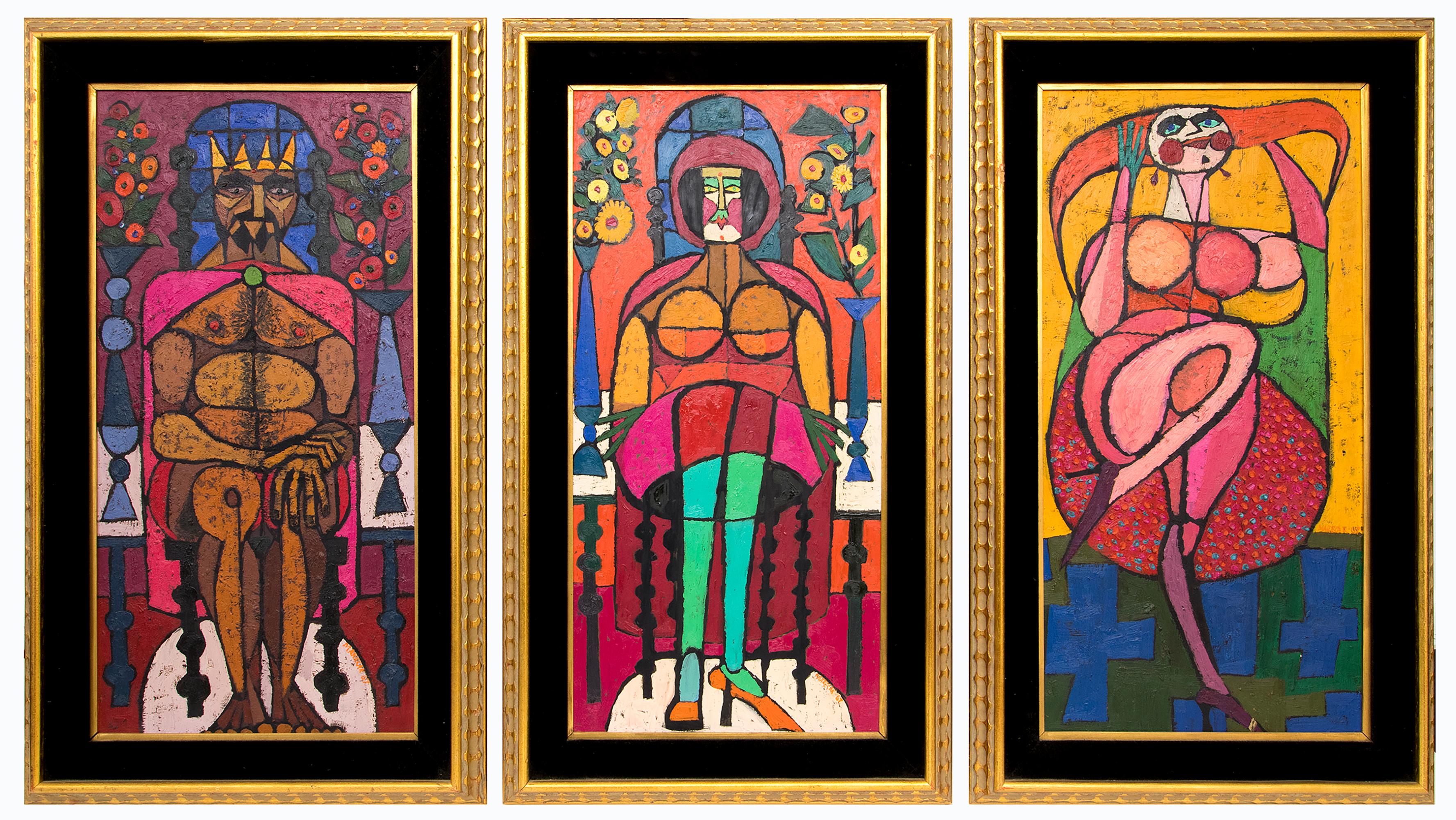 Edward Marecak Abstract Painting – Abstraktes figurales Triptychon „Der Tanz von Salome“, lebhaftes Ölgemälde, 1960er Jahre