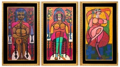 Abstraktes figurales Triptychon „Der Tanz von Salome“, lebhaftes Ölgemälde, 1960er Jahre