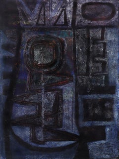 Peinture abstraite mixte des années 1970, acrylique et crayon, violet foncé lunatique, noir