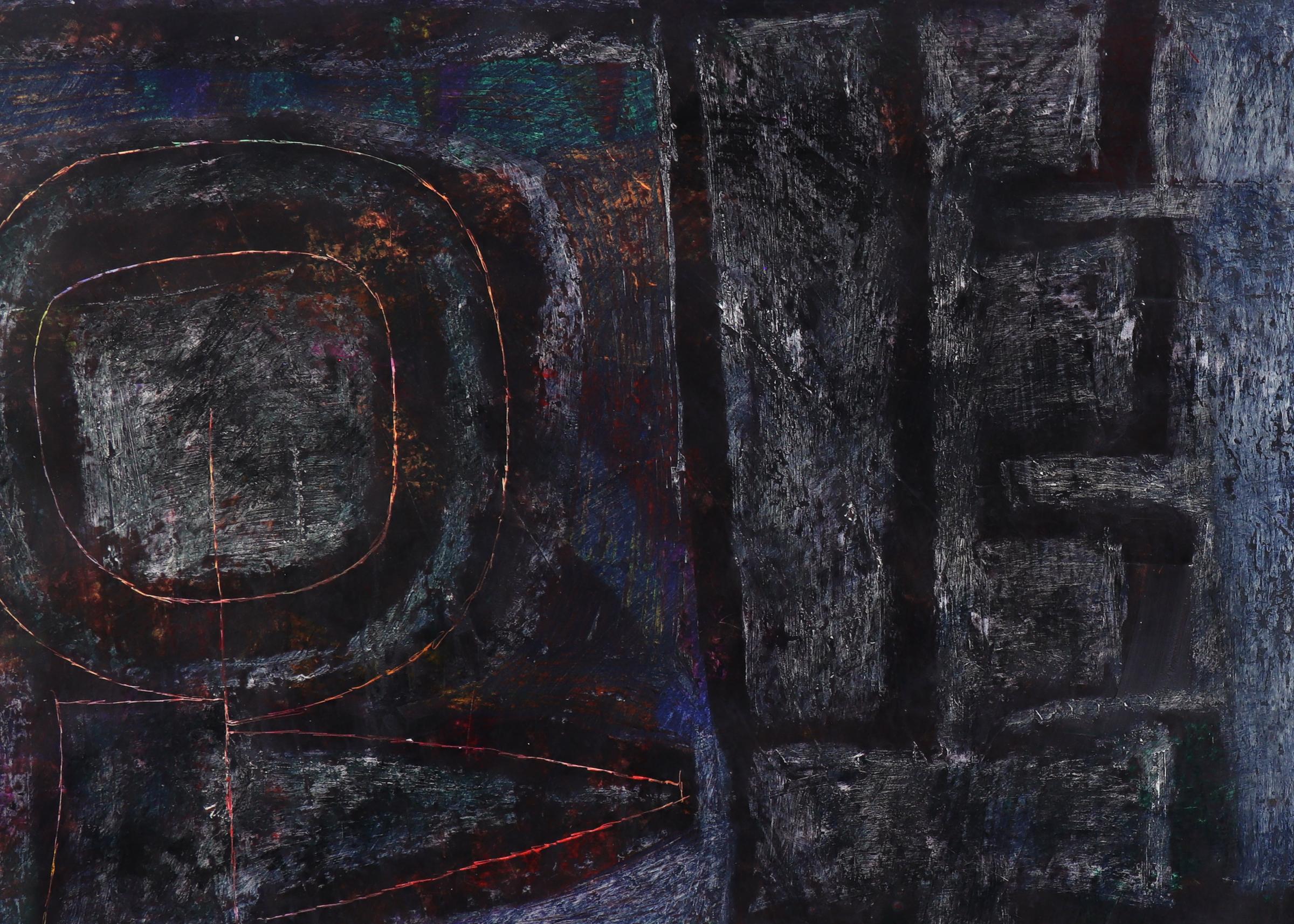Pittura astratta a tecnica mista degli anni '70, acrilico e pastello, viola scuro scuro, nero in vendita 3
