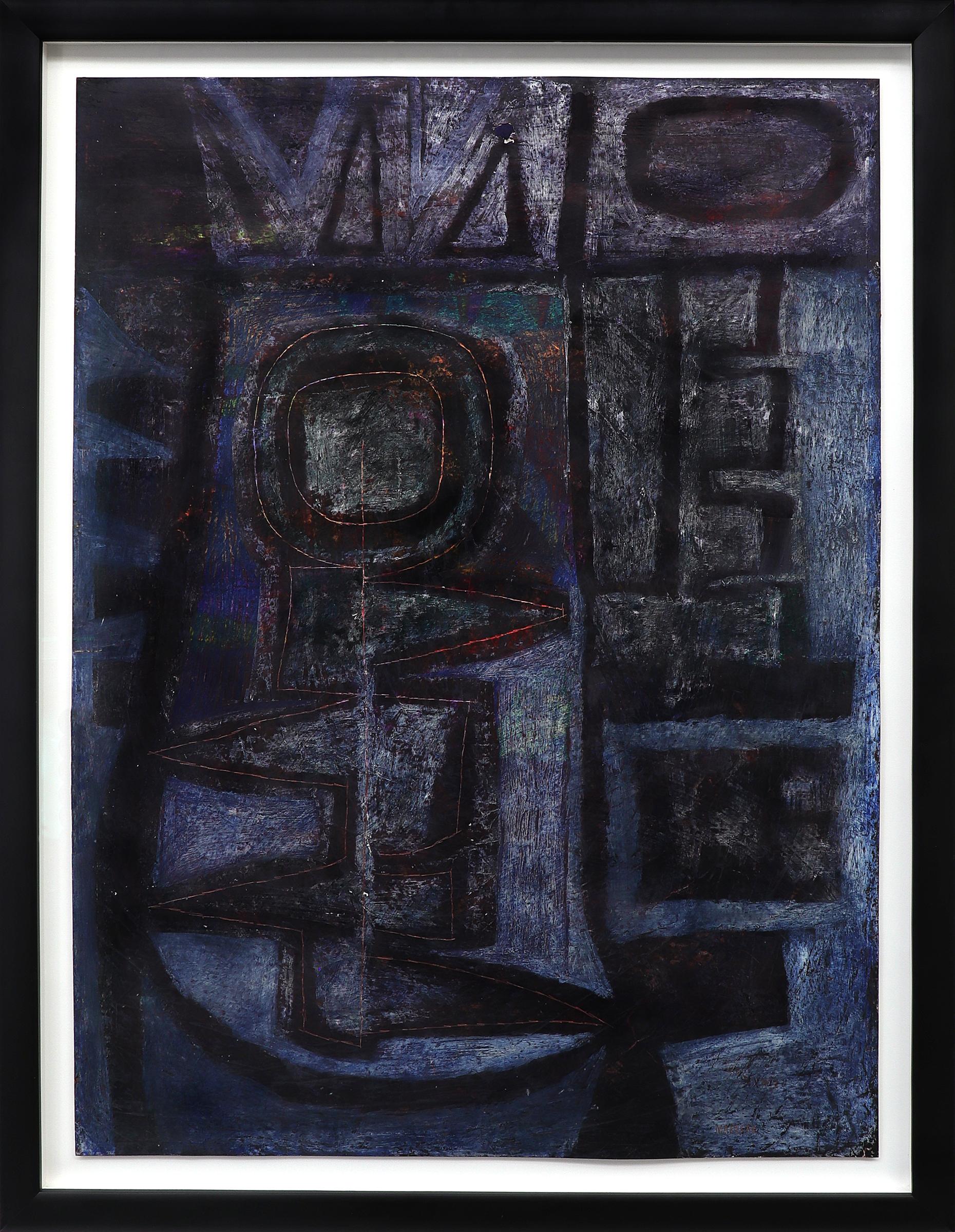 Pittura astratta a tecnica mista degli anni '70, acrilico e pastello, viola scuro scuro, nero - Mixed Media Art di Edward Marecak