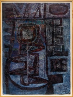 Pittura astratta a tecnica mista degli anni '70, acrilico e pastello, viola scuro scuro, nero