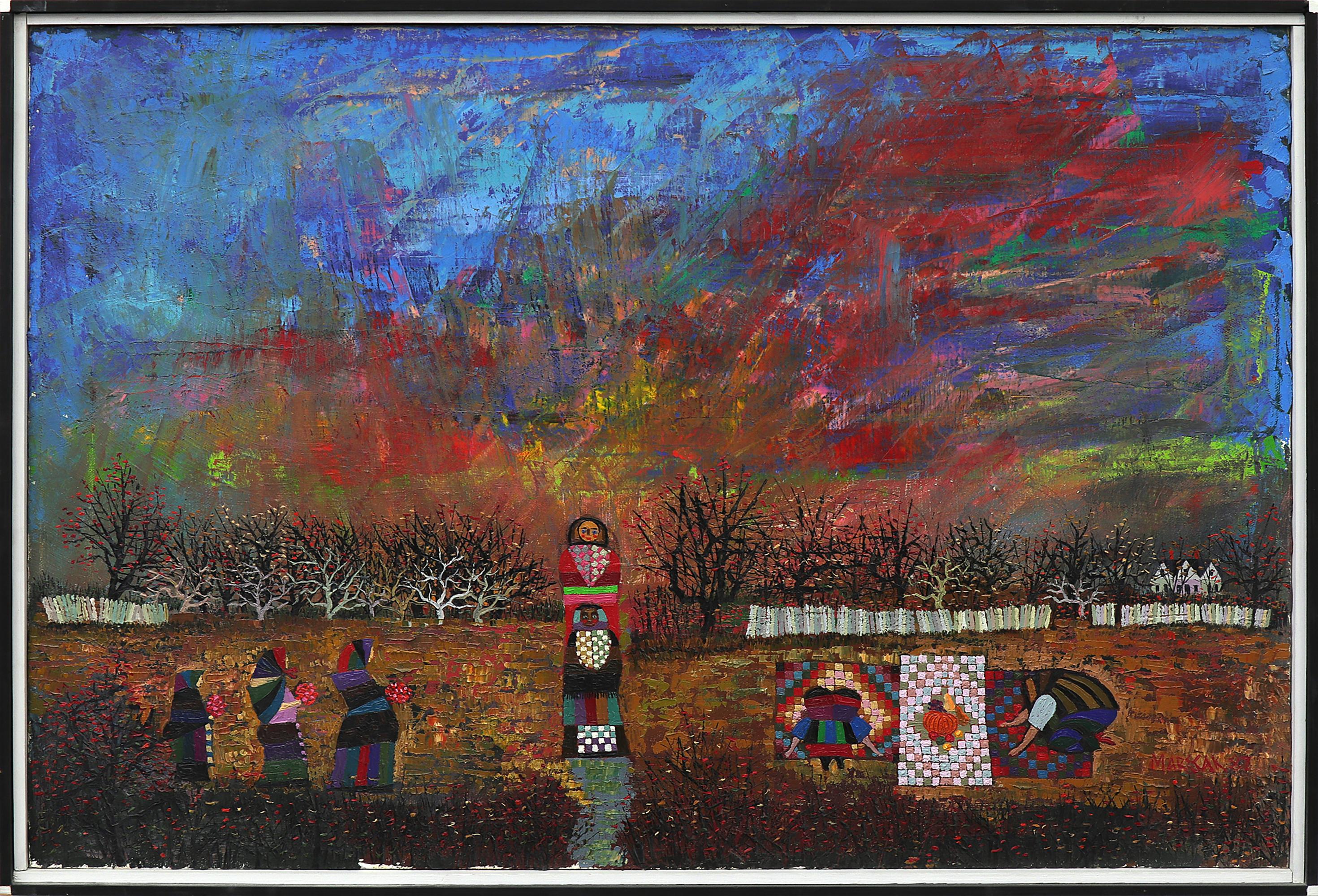 Edward Marecak Landscape Painting – 1980er Jahre Herbsternte, Original halb abstraktes Landschaftsgemälde mit Figuren, Original