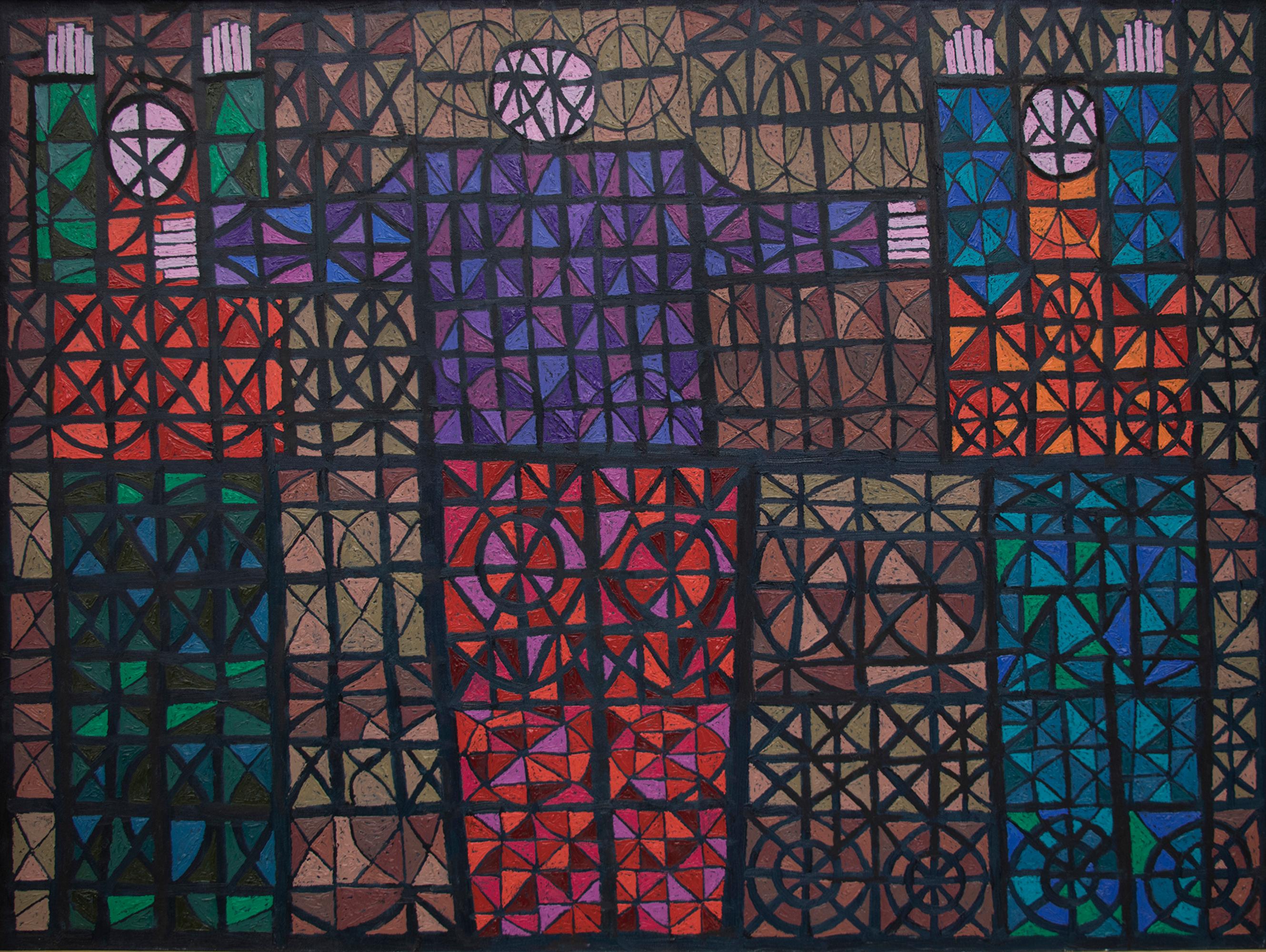Edward Marecak Abstract Painting - 1980s Semi-Abstract Figural Oil Painting 'Three Figures Caught in Stained Glass'