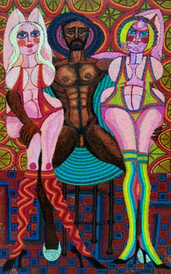 Peinture à l'huile semi-abstraite Zeus, Vénus et Hera, art figuratif mythologique des années 1980
