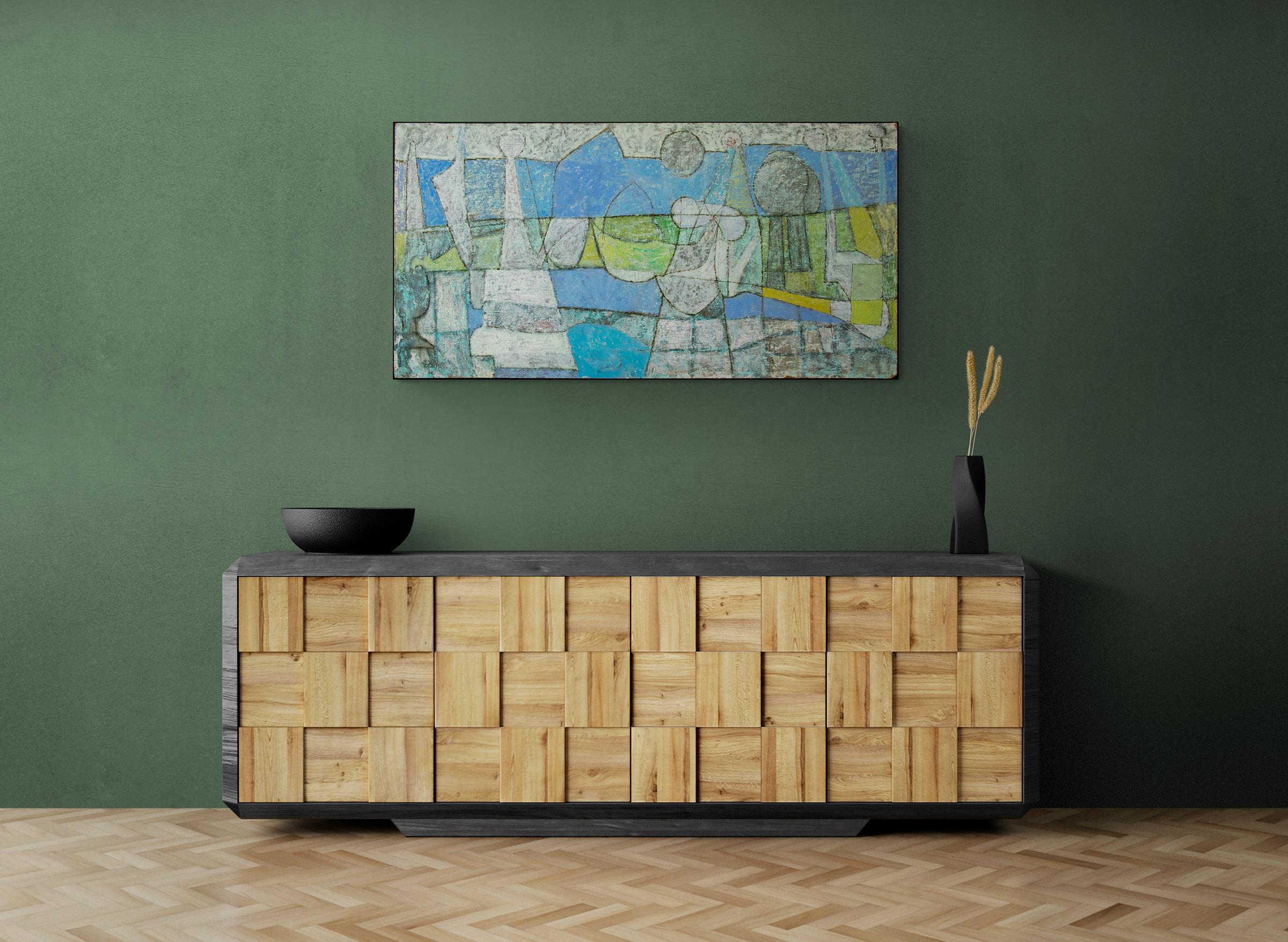 Abstract Oil Painting, 1950s Midcentury Modern Horizontal Painting, Green Blue 3