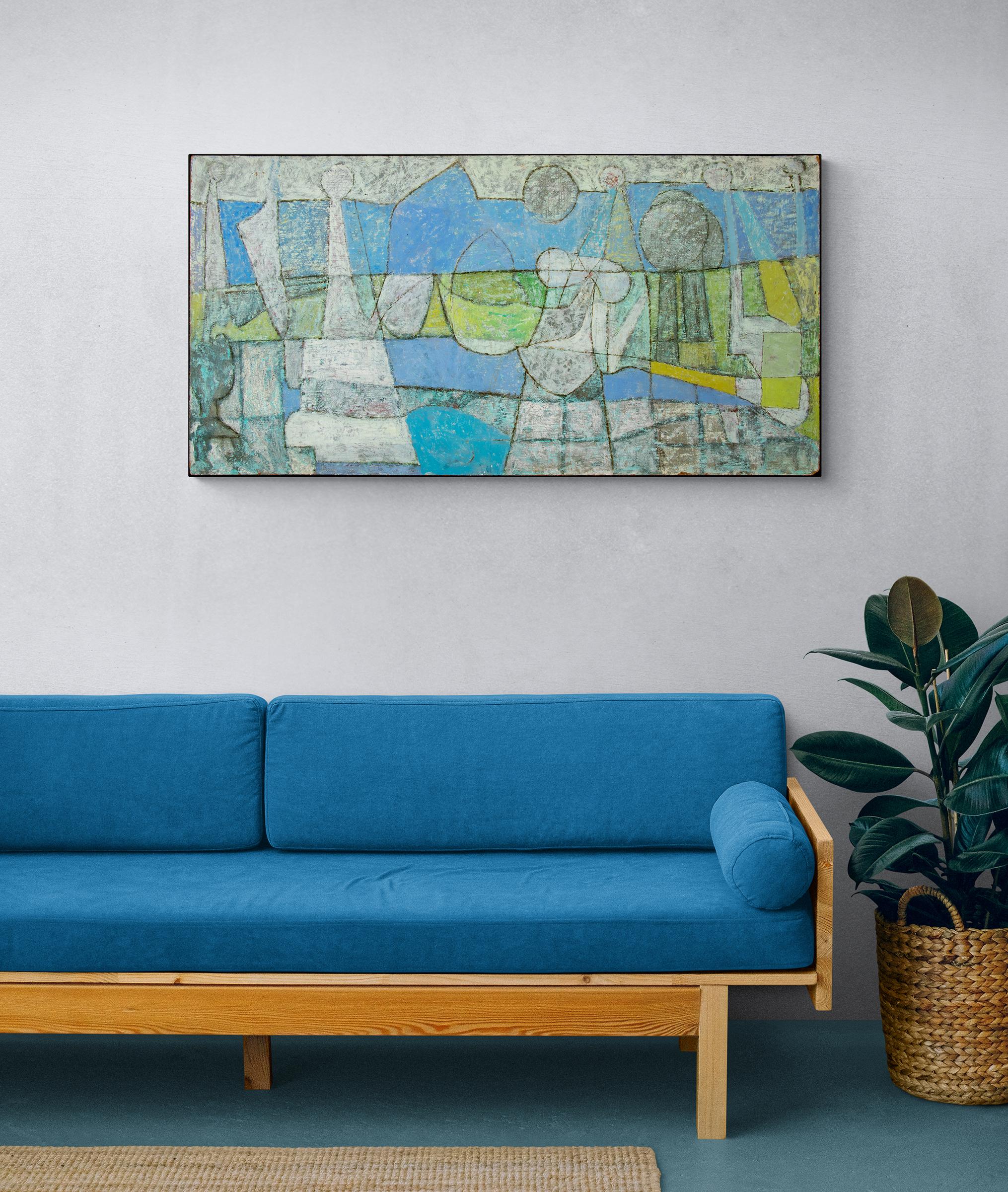 Abstract Oil Painting, 1950s Midcentury Modern Horizontal Painting, Green Blue 6