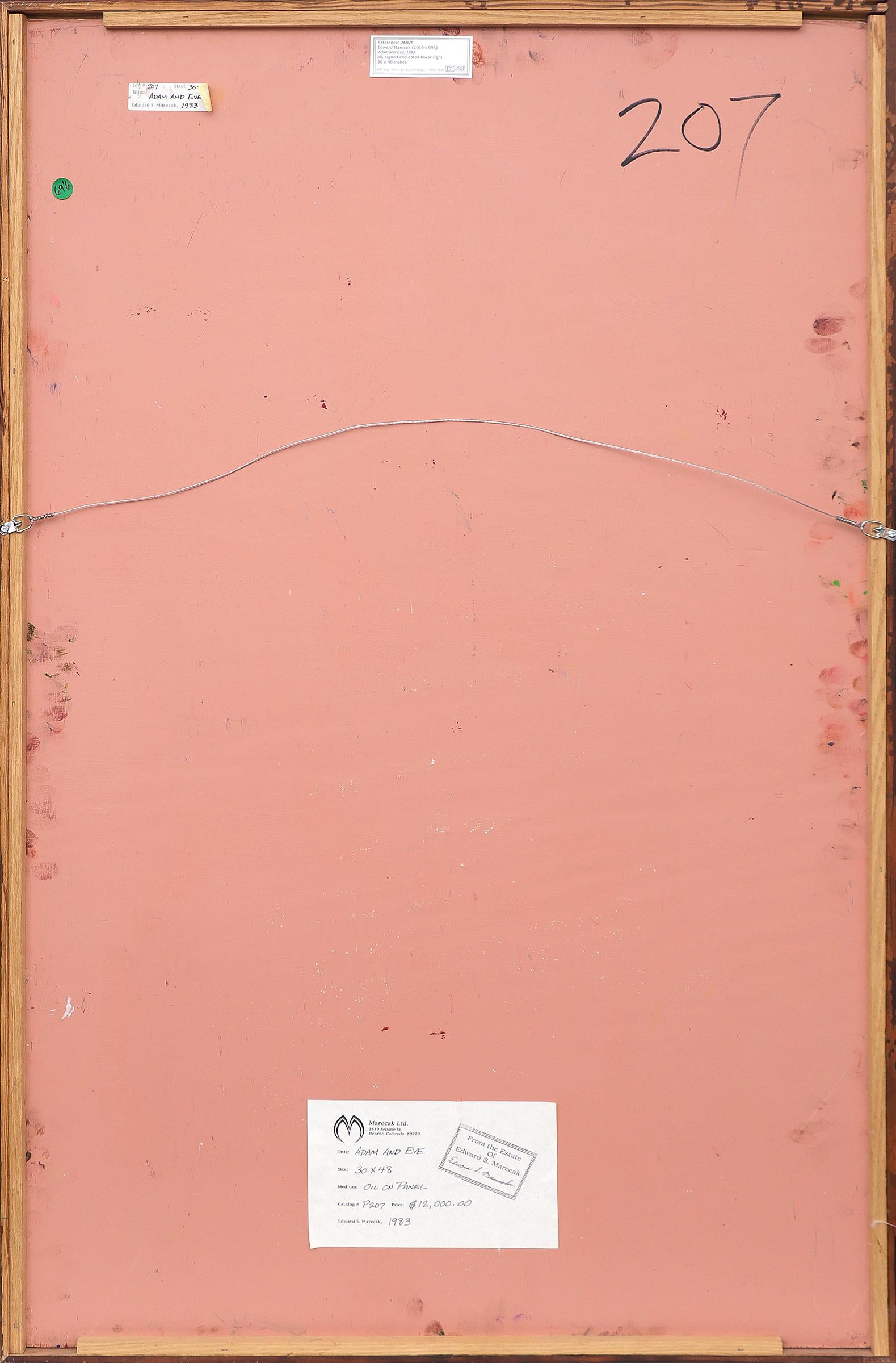 Adam et Ève, peinture figurative abstraite des années 1980, peinture à l'huile verticale, 30 x 48 en vente 13