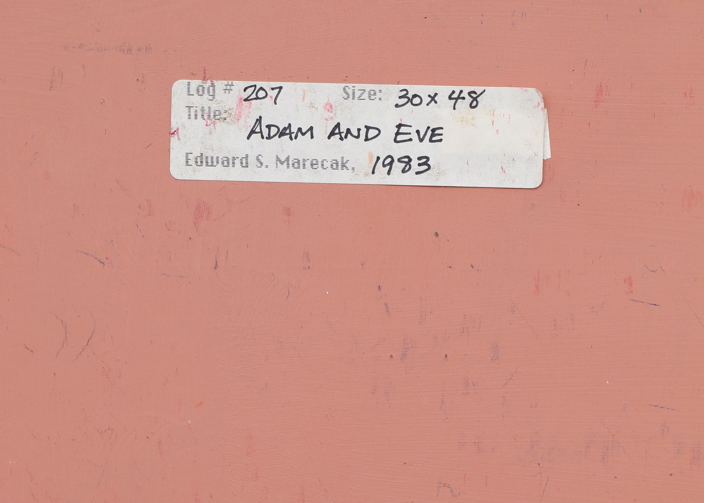 Adam et Ève, peinture figurative abstraite des années 1980, peinture à l'huile verticale, 30 x 48 en vente 14