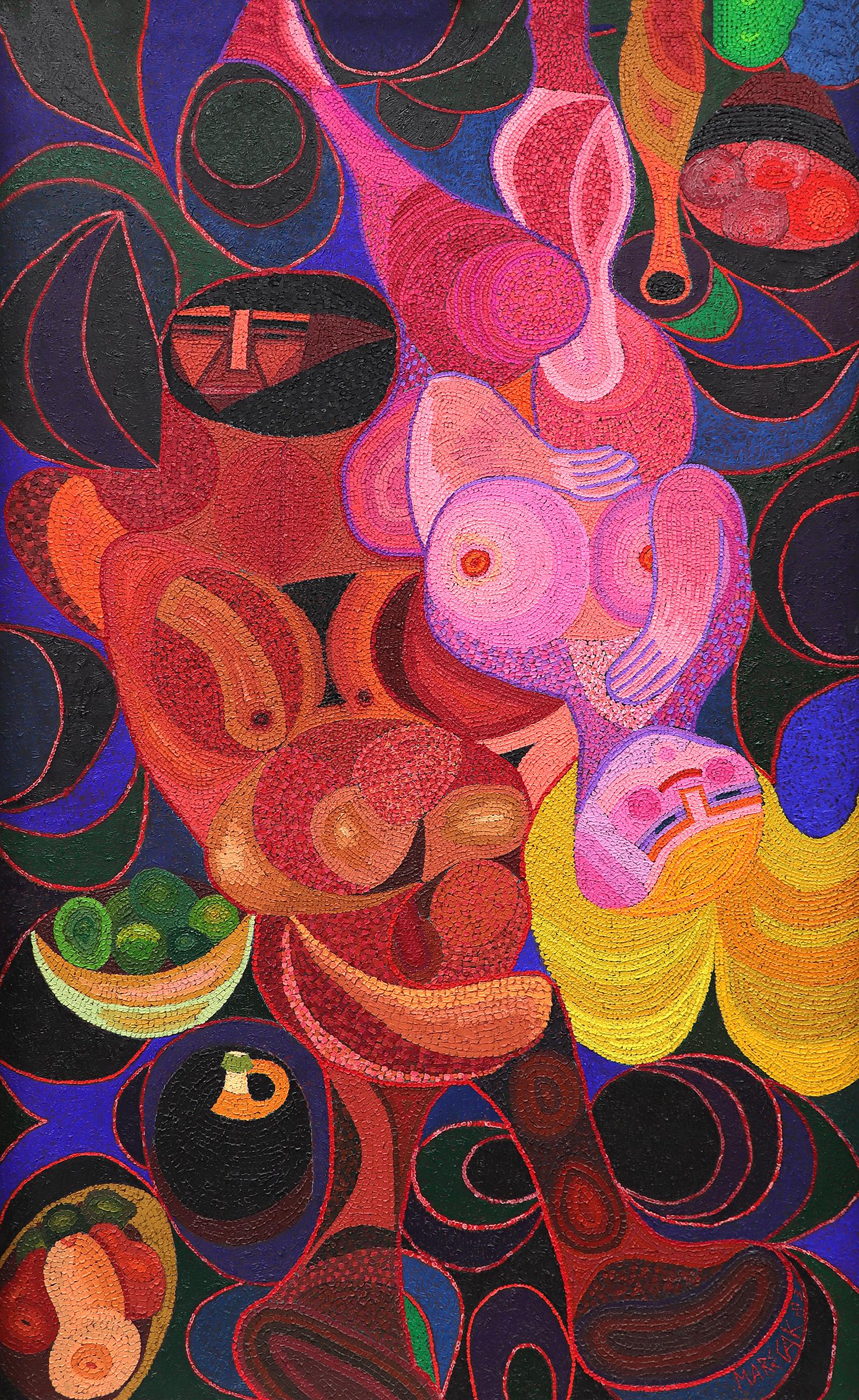 Adam et Ève, peinture figurative abstraite des années 1980, peinture à l'huile verticale, 30 x 48 - Painting de Edward Marecak