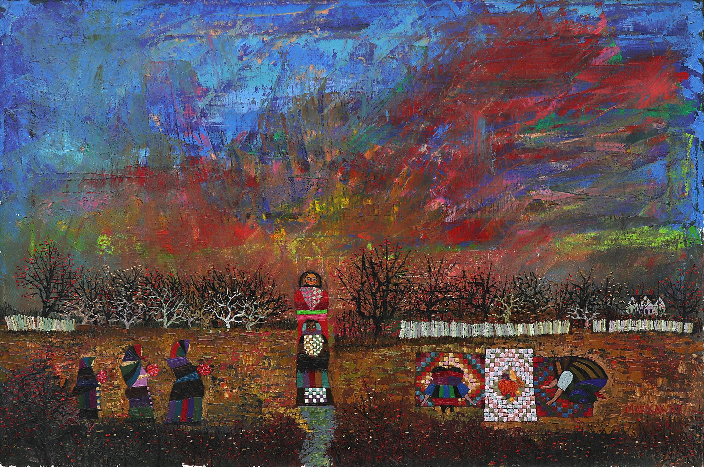 Autumn Harvest, Original Semi-Abstract Landscape and Figurative Oil Painting  For Sale 4